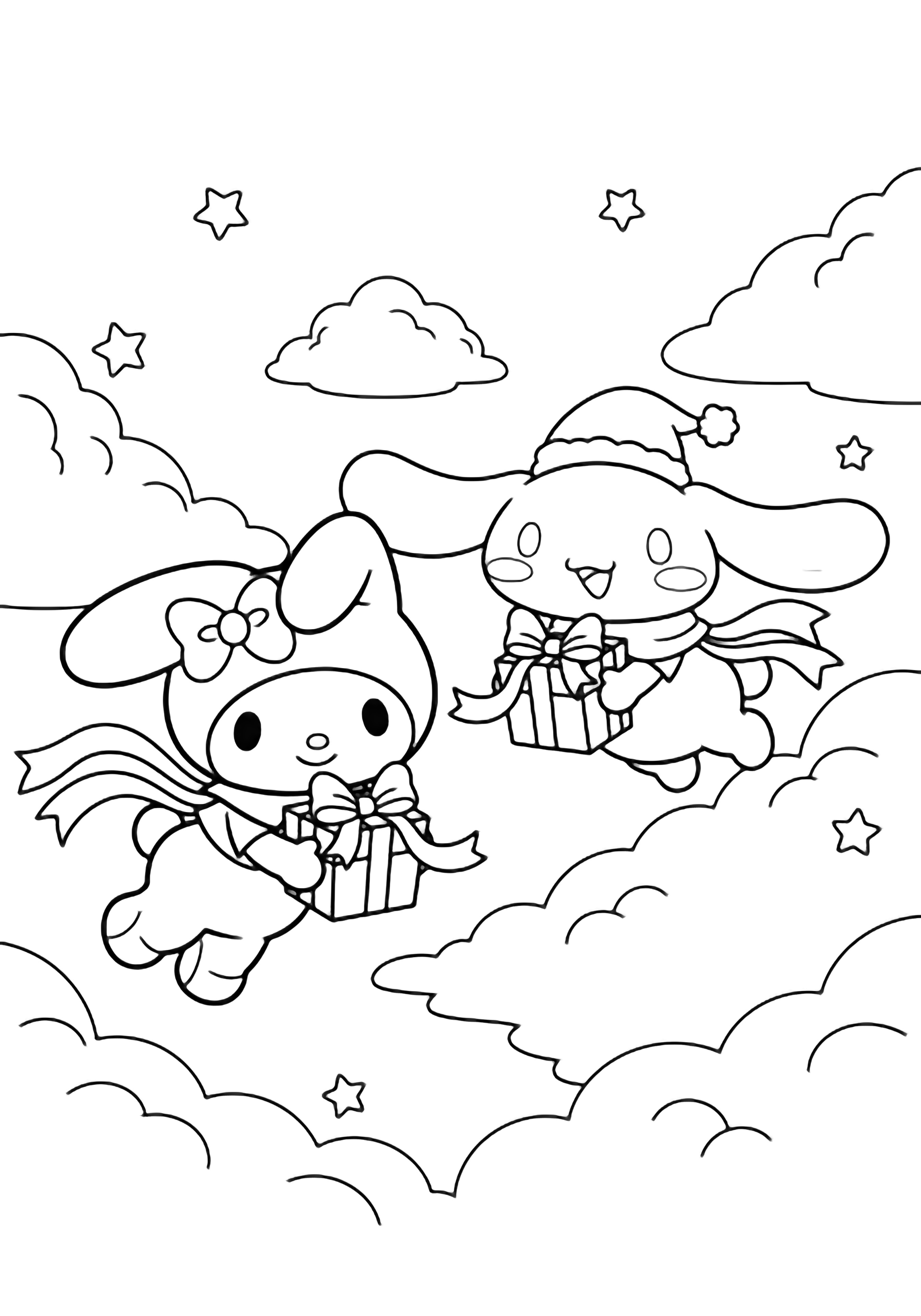 My Melody and Cinnamoroll glide cheerfully through snowy clouds, each holding a ribbon-tied present, tiny stars scattered around. kleurplaat