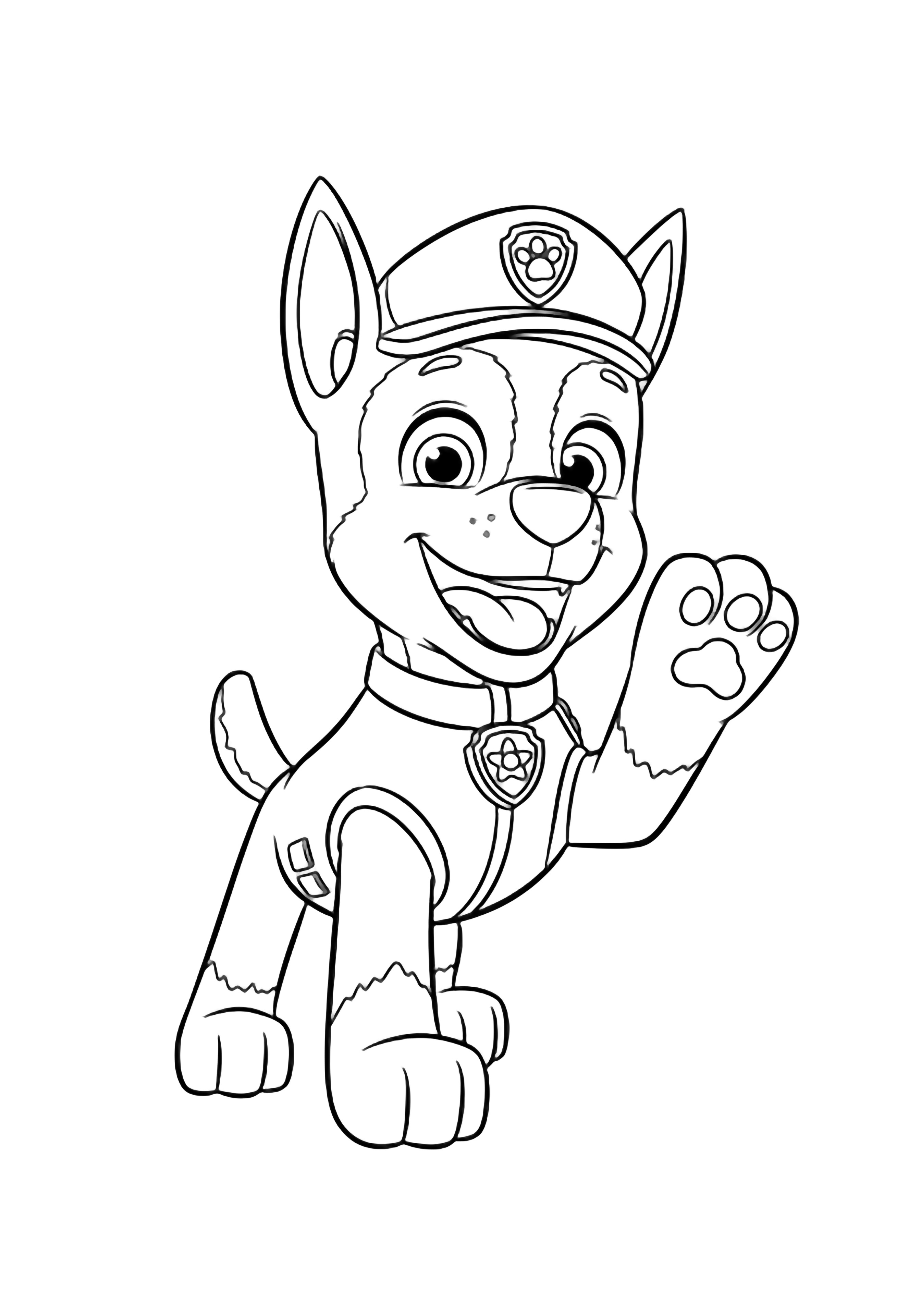 Chase the police pup stands centered, mouth open in a happy grin, right front paw lifted in a friendly wave; simple collar with badge, floppy ears. kleurplaat