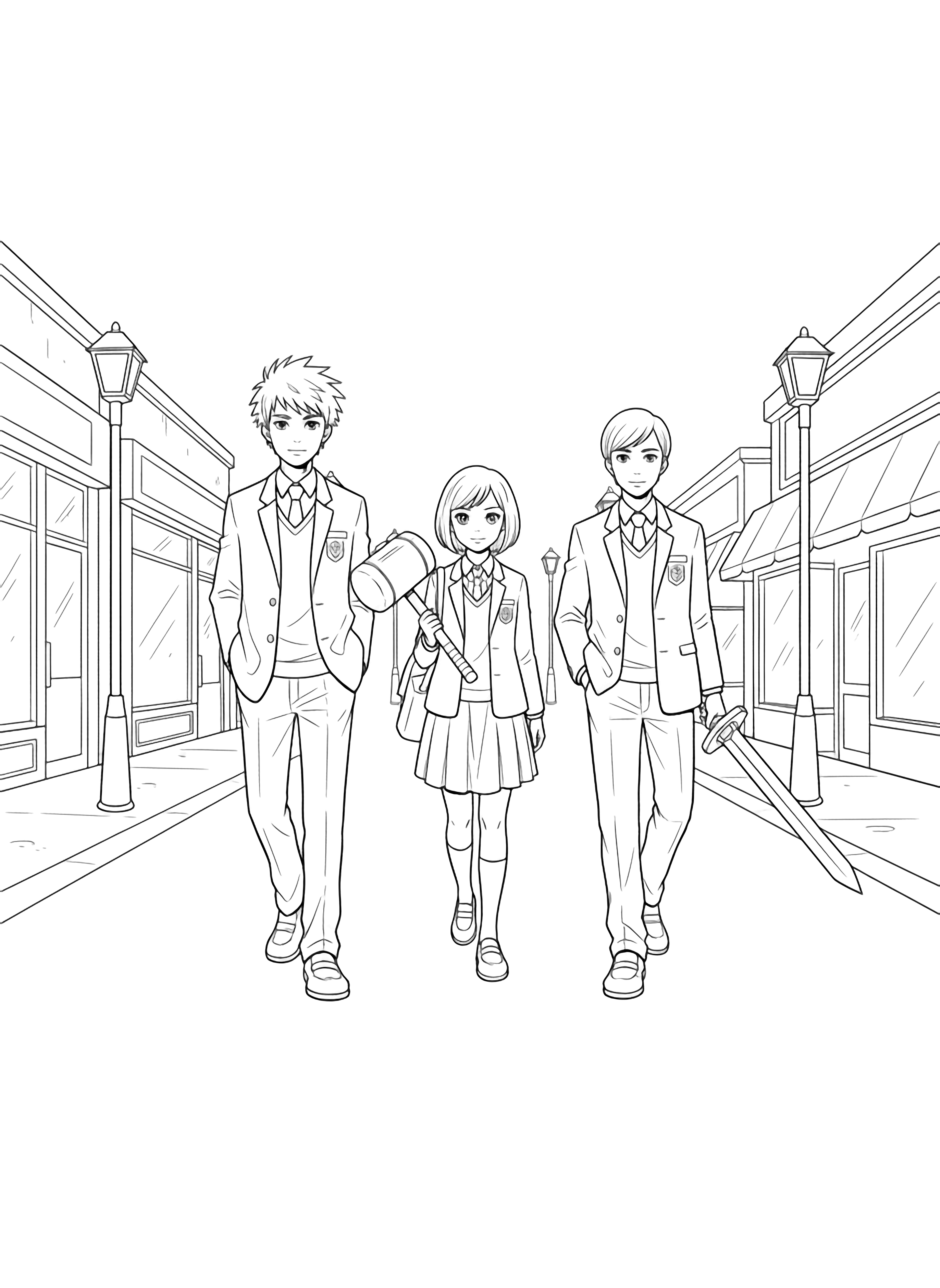 Three uniformed teens-tall spiky-haired boy, bob-cut girl, hammer-bearing boy with neat bangs and sword-walk along an empty street lined with simple storefronts and lamp posts. kleurplaat