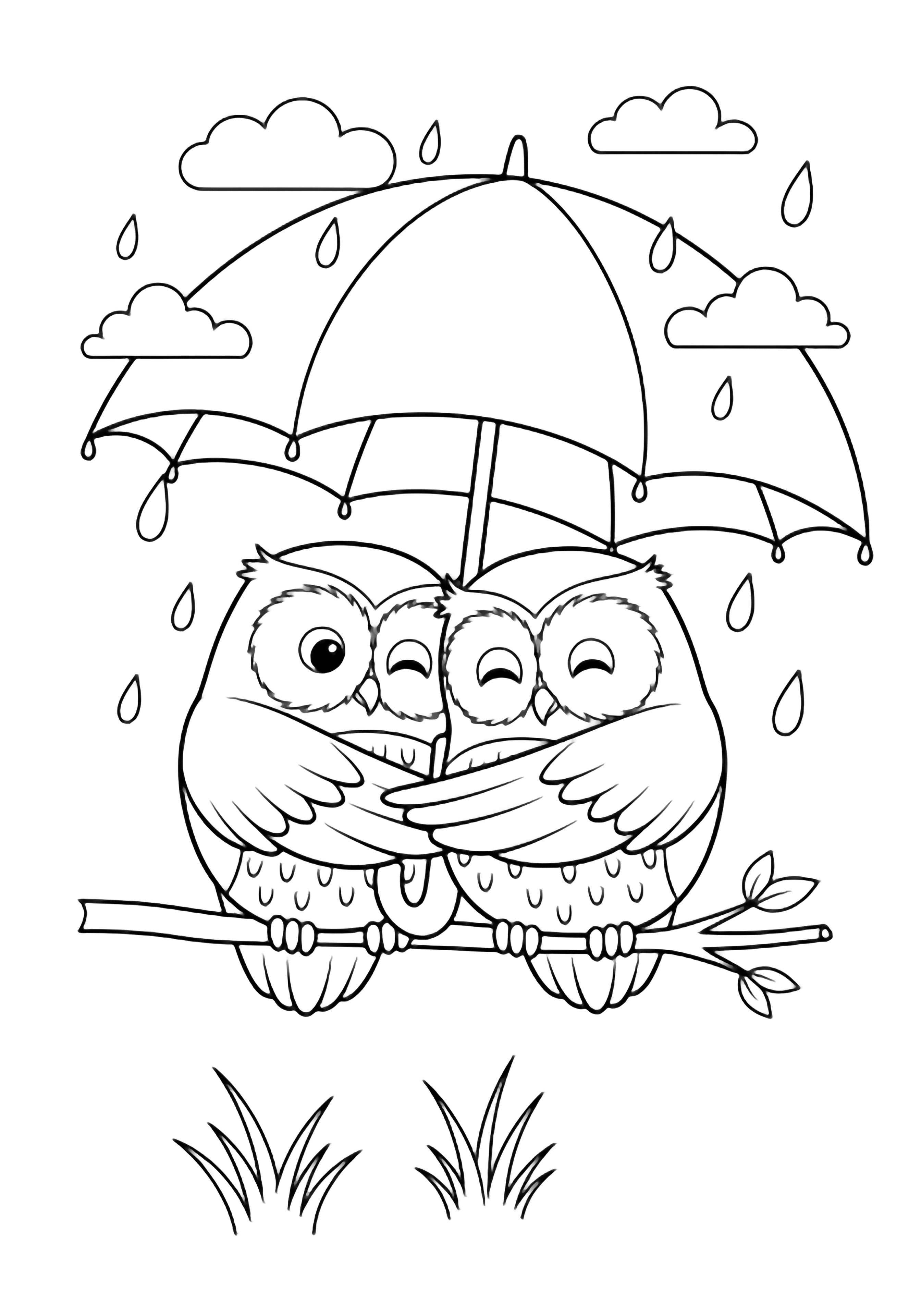 Two plump owls hug on a twig under an umbrella, gentle raindrops and tiny clouds above, grass below kleurplaat