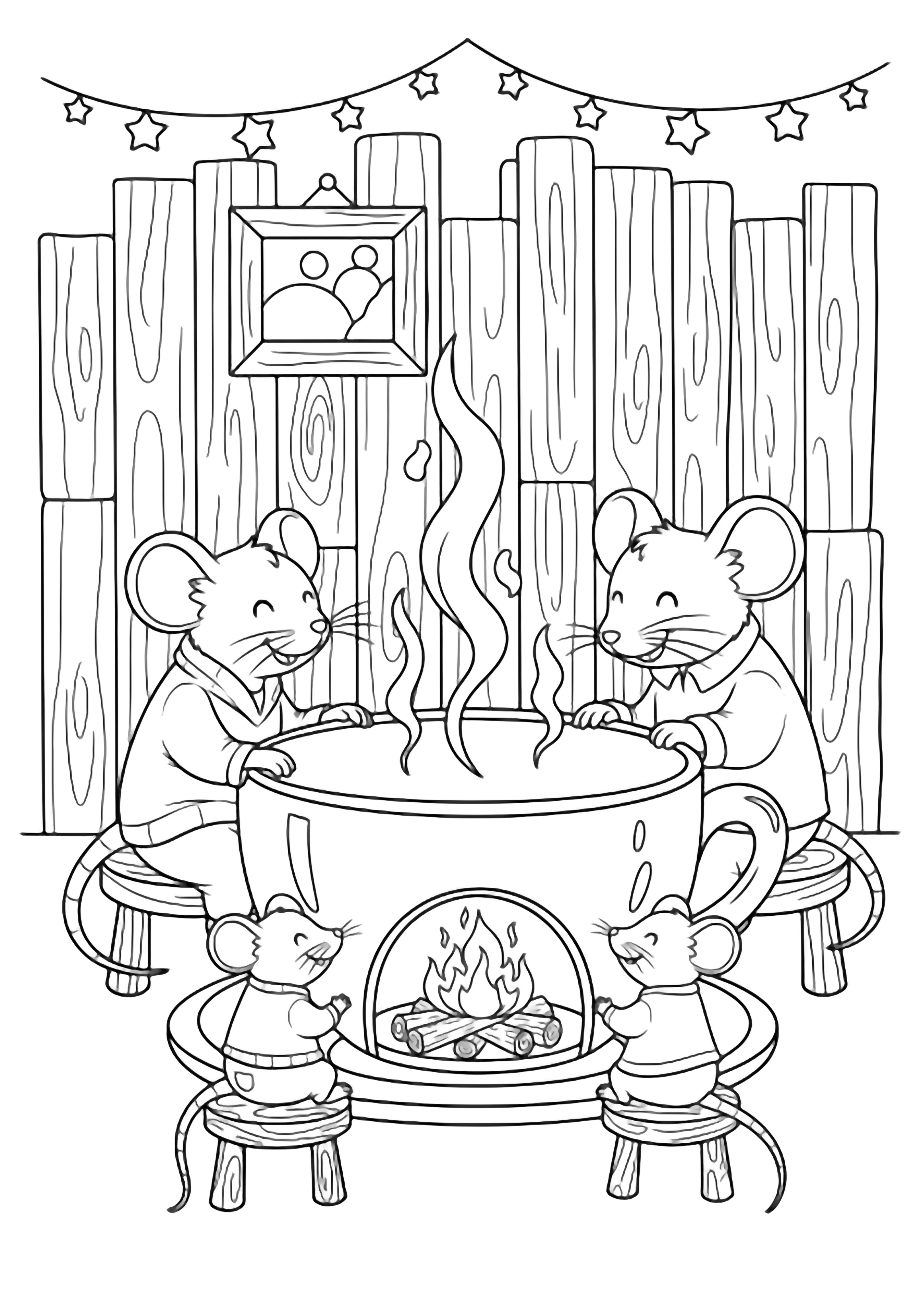 A smiling mouse family of four perch on stools around a teacup-turned-fireplace, steam rising in a snug room with wooden walls, a framed picture, and a tiny star garland. kleurplaat