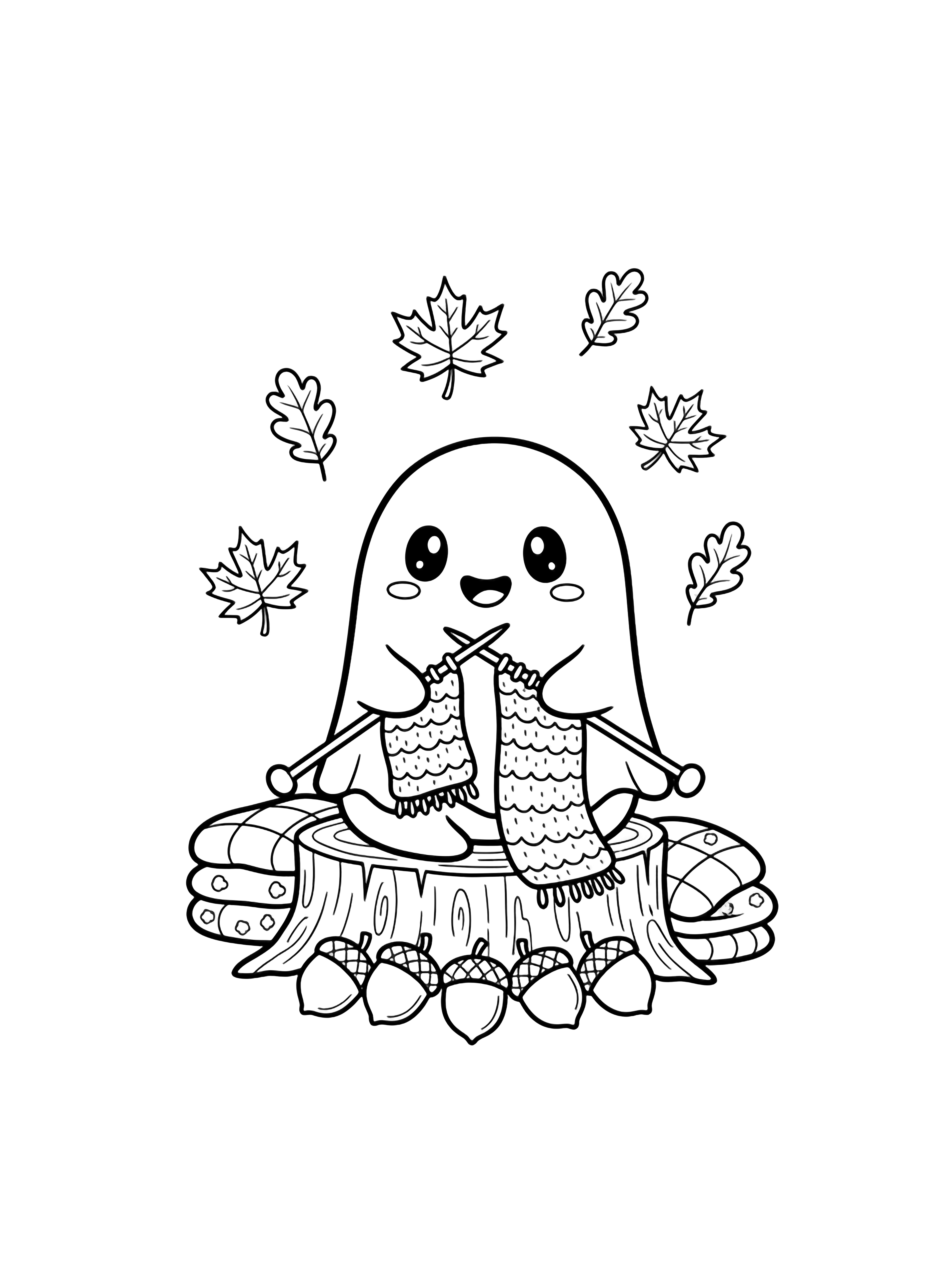 A chibi ghost with big happy eyes sits on a stump, looping a long scarf; stacked blankets and five perky acorns rest below, with minimal fall leaves drifting above. kleurplaat