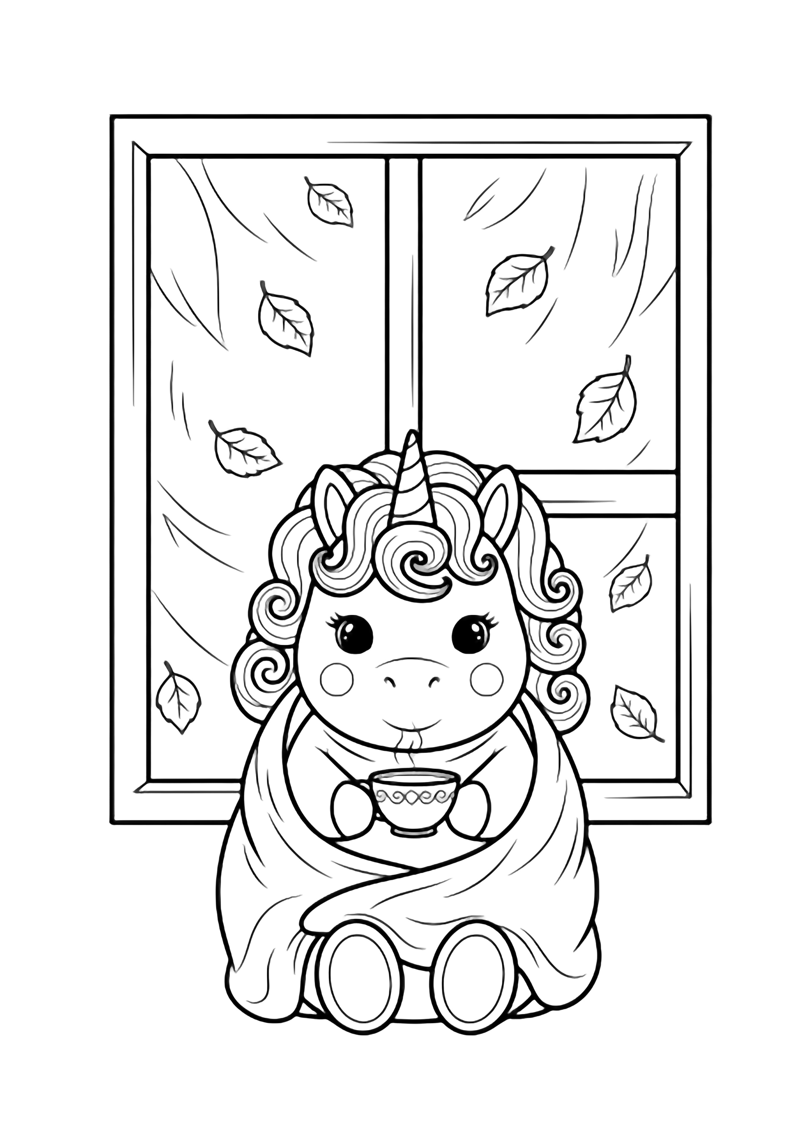 A plump baby unicorn with curly mane sits wrapped in a blanket, clutching a tiny teacup while autumn leaves drift past a simple window. kleurplaat