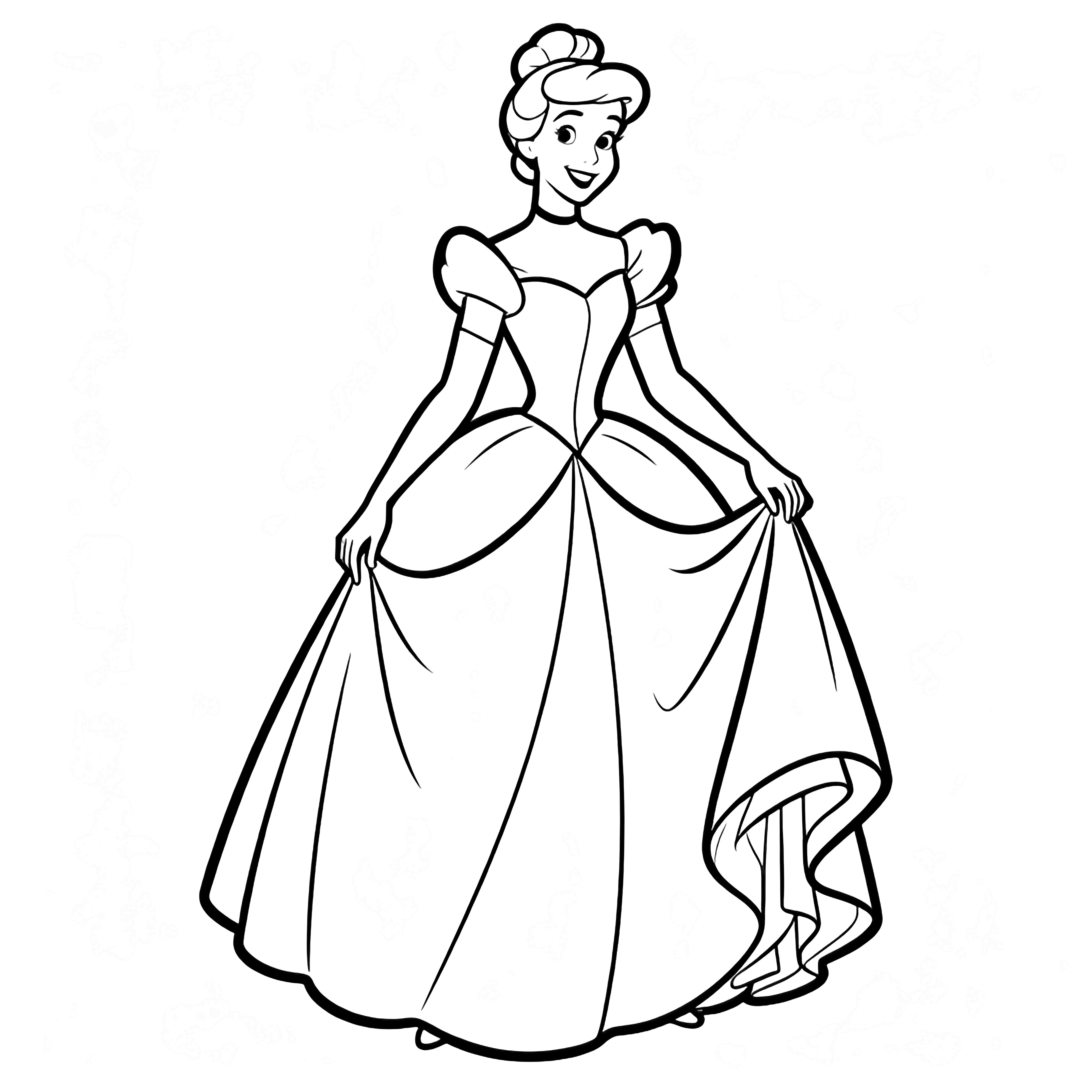 Cinderella stands centered in a flowing ball gown, hair up, one hand lifting her skirt, smiling gently. kleurplaat