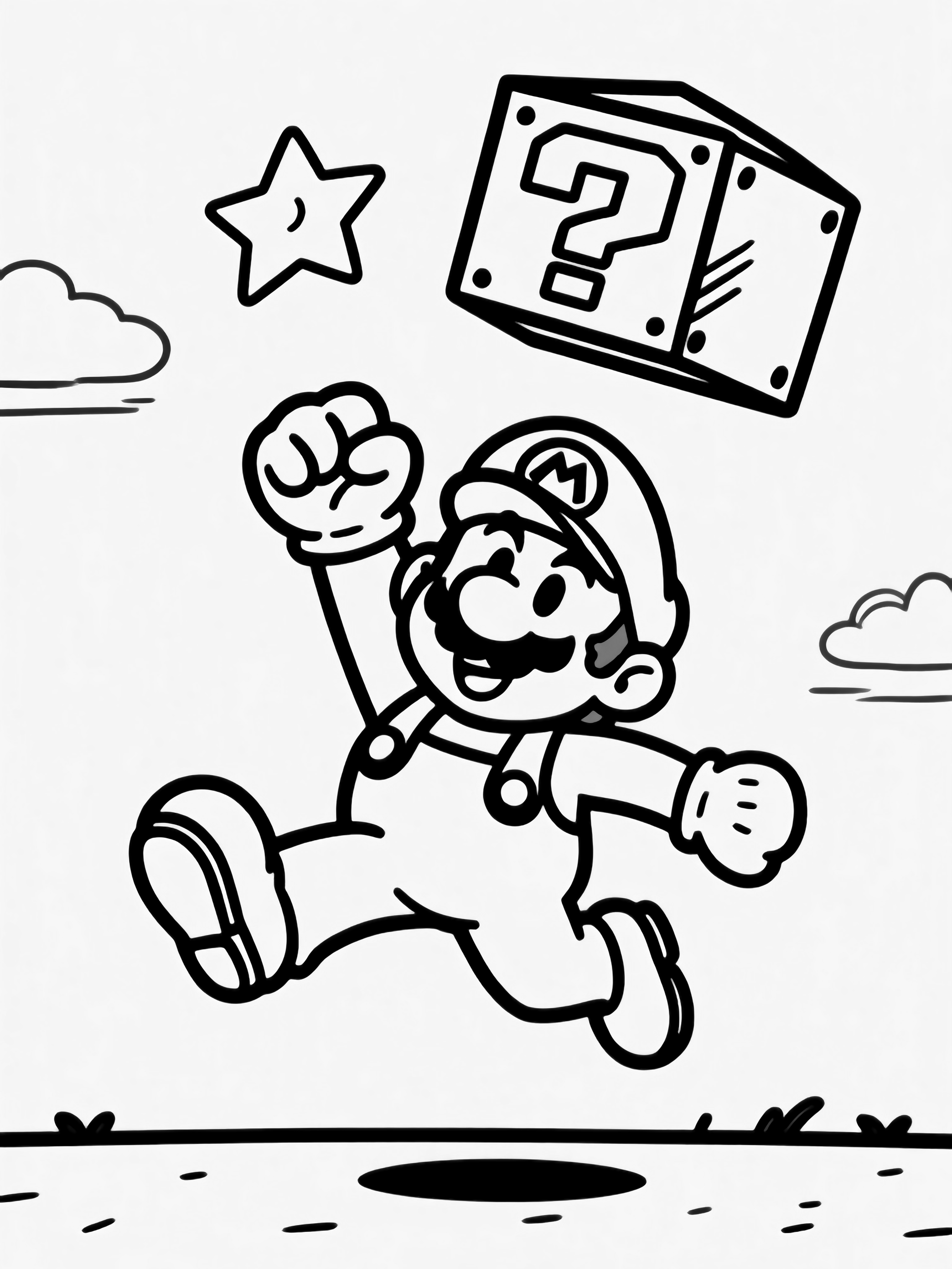 Mario leaps beneath a floating block, fist raised, as a star bursts out; a ground line and tiny cloud finish the scene. kleurplaat