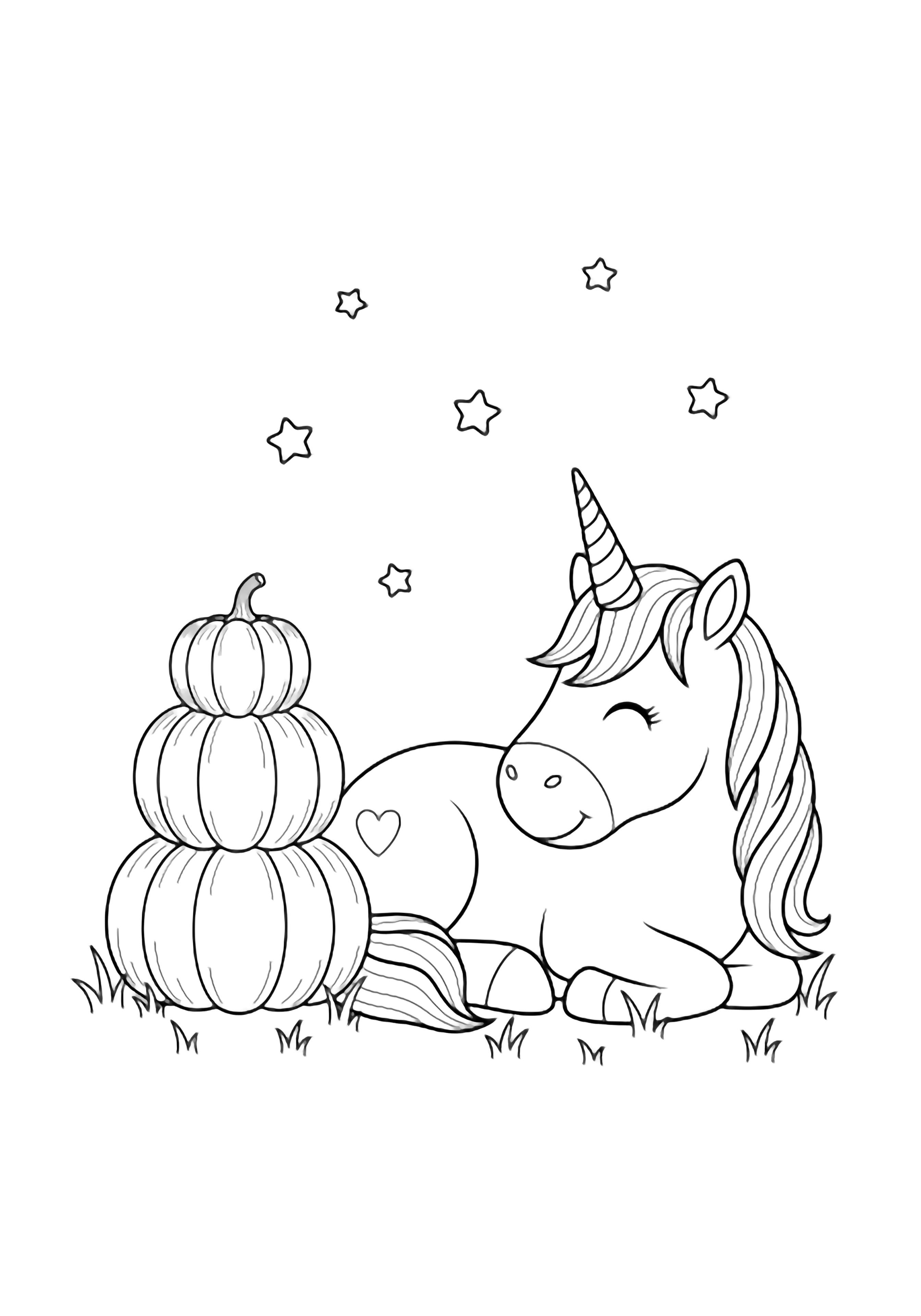 A smiling unicorn curled up beside a neat stack of three pumpkins, simple grass, and a few drifting stars. kleurplaat