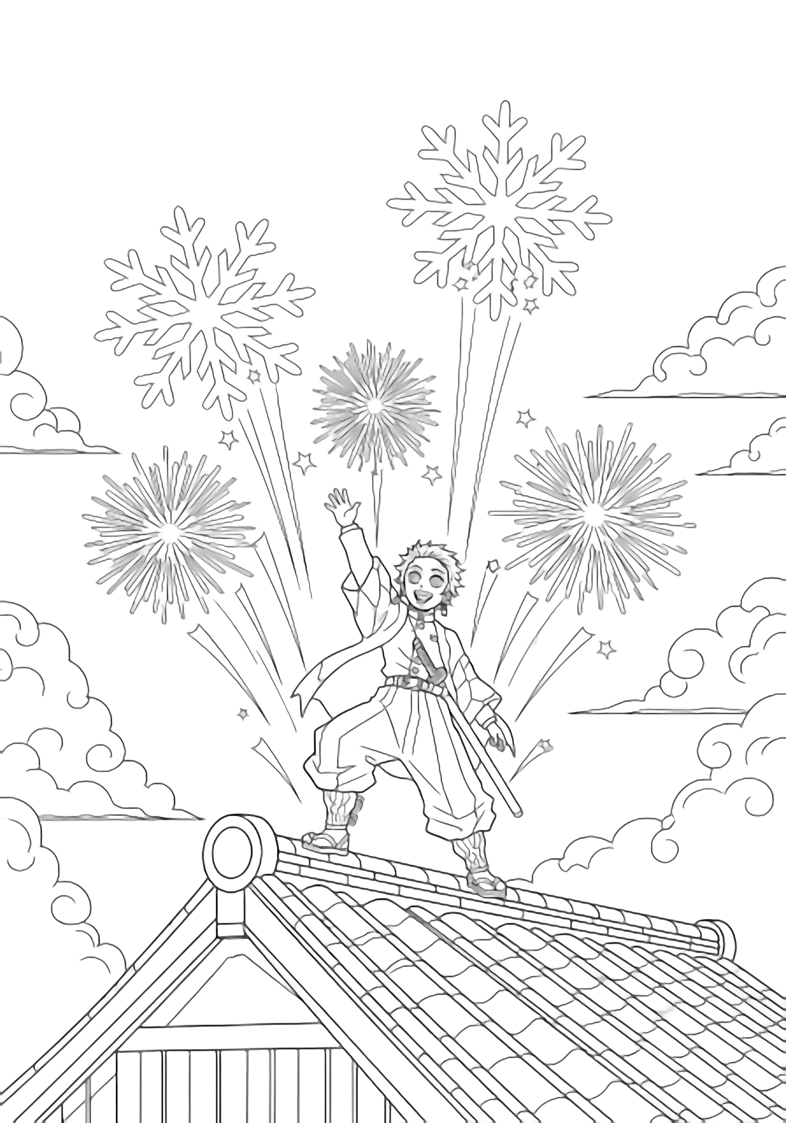 Tengen celebrates on a rooftop, one arm raised as giant snowflake fireworks explode overhead; tiled roofs and clouds frame the scene. kleurplaat