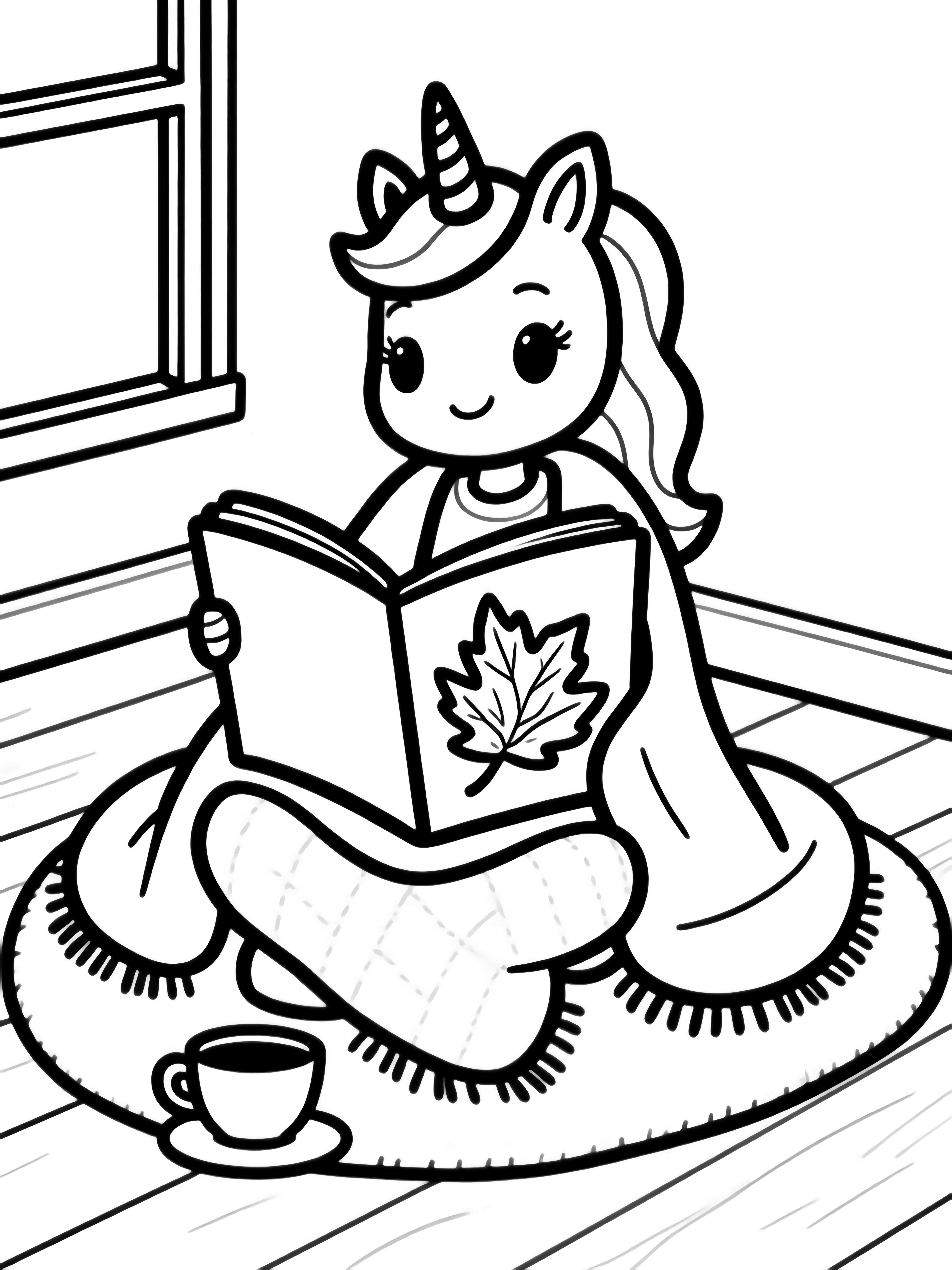 LOL Unicorn doll sits on a cushion, sketchbook of autumn leaves in lap, teacup beside her, near a window on bare floorboards. kleurplaat