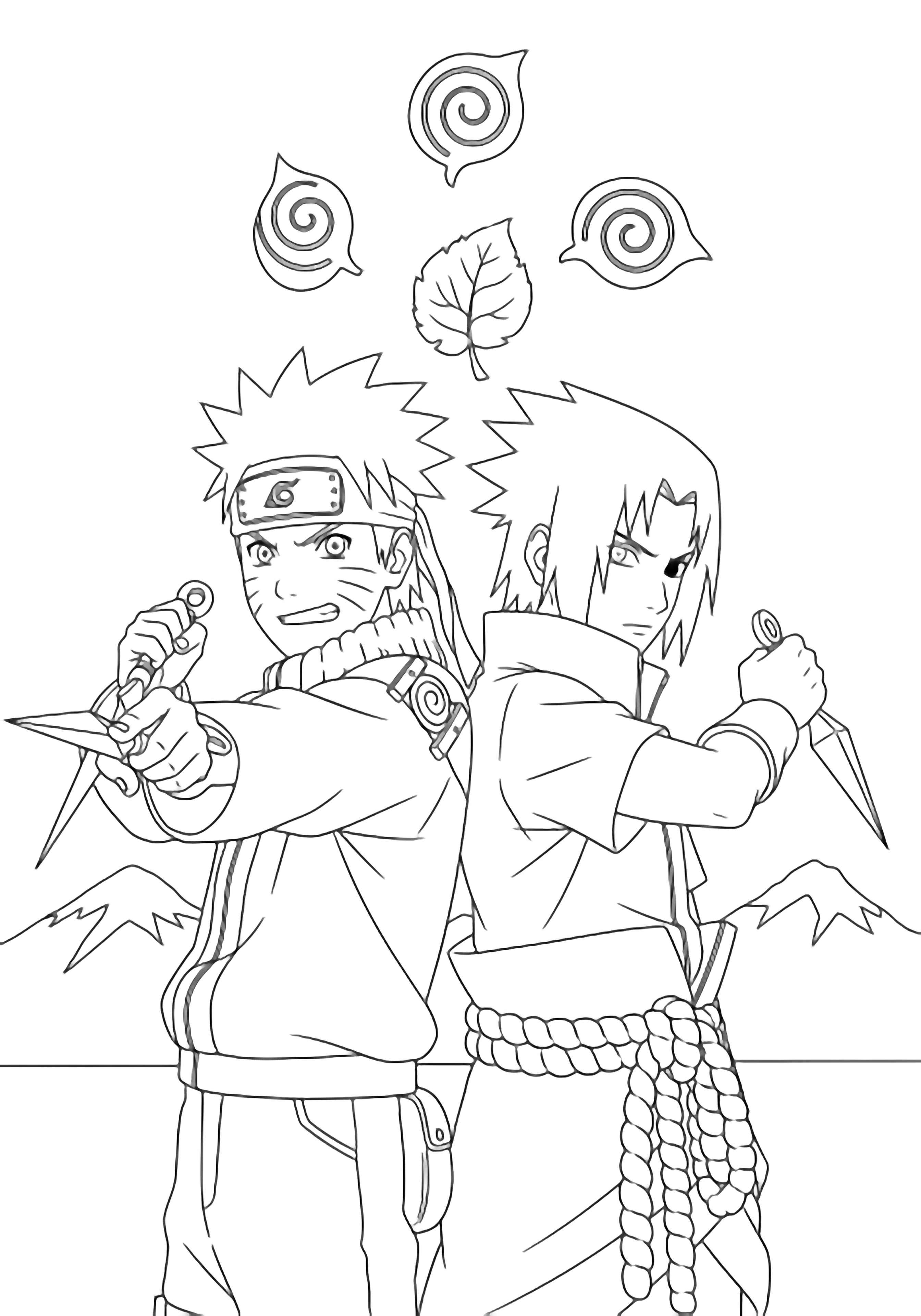 Naruto and Sasuke stand back-to-back gripping kunai, leaf symbols swirling above, simple mountains behind. kleurplaat