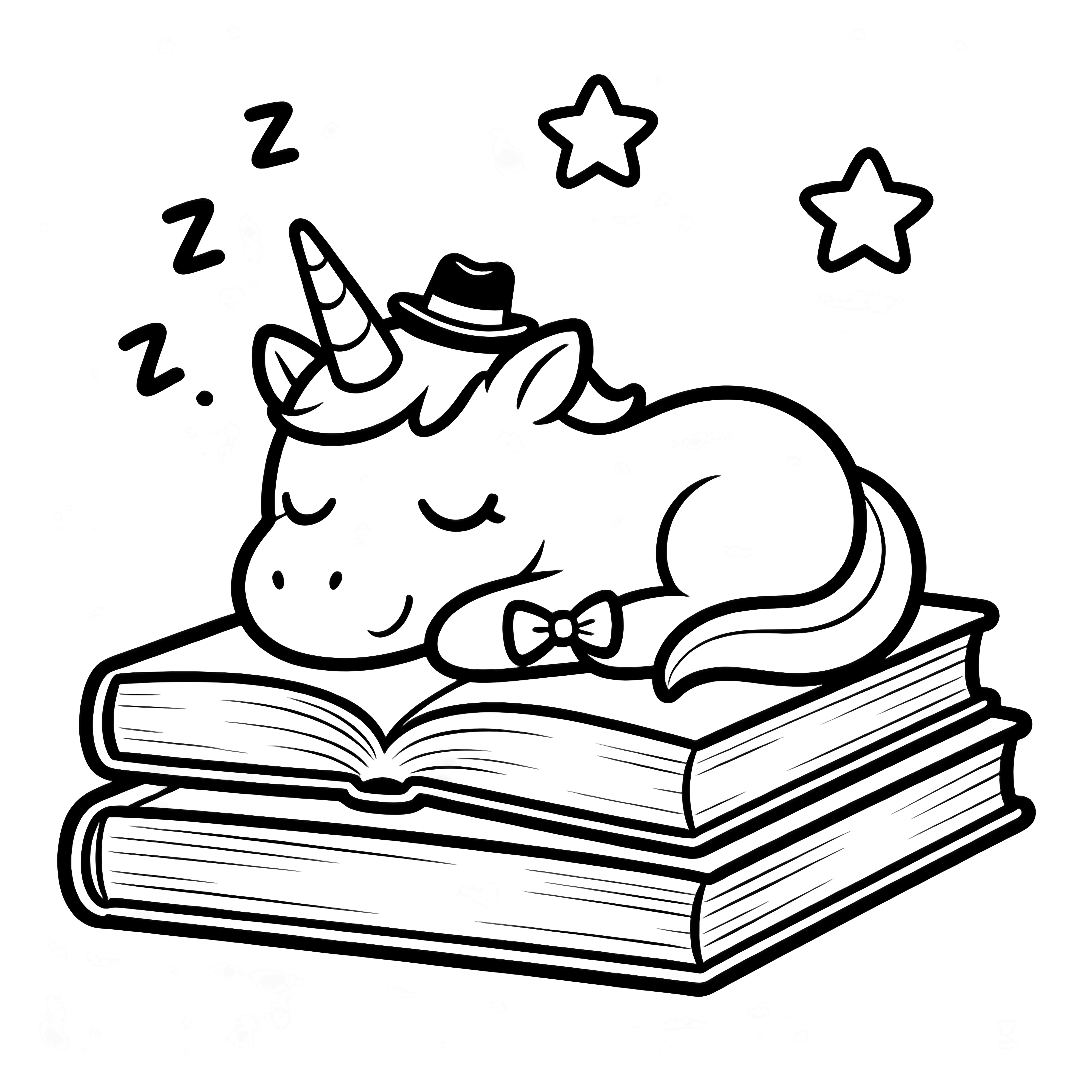 A smiling unicorn wearing a tiny bow-tie hat sleeps curled on a stack of open books, surrounded by drifting z's and three hovering stars. kleurplaat