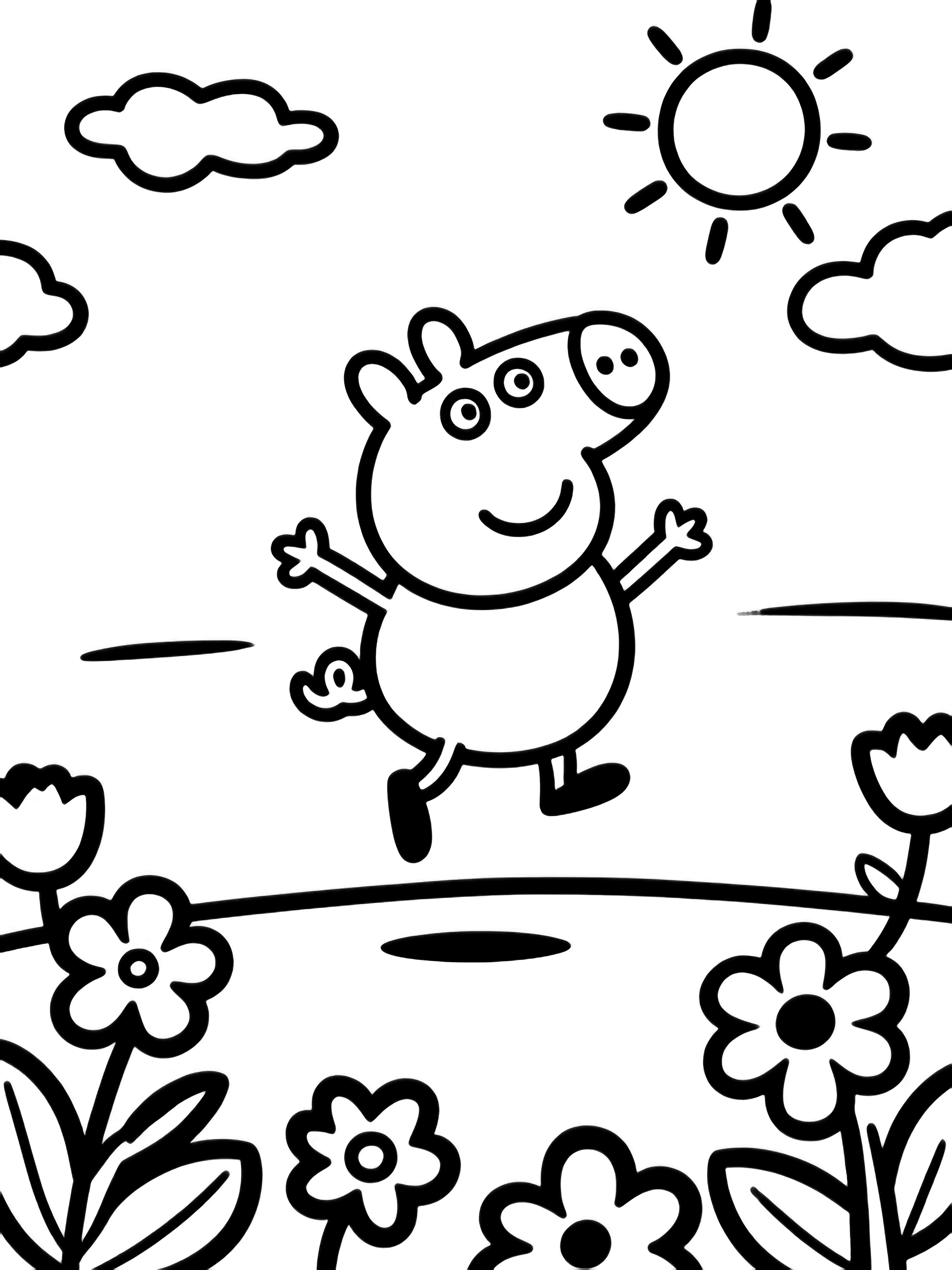 Peppa Pig mid-jump with arms spread, horizon line, sun behind clouds, flowers around kleurplaat