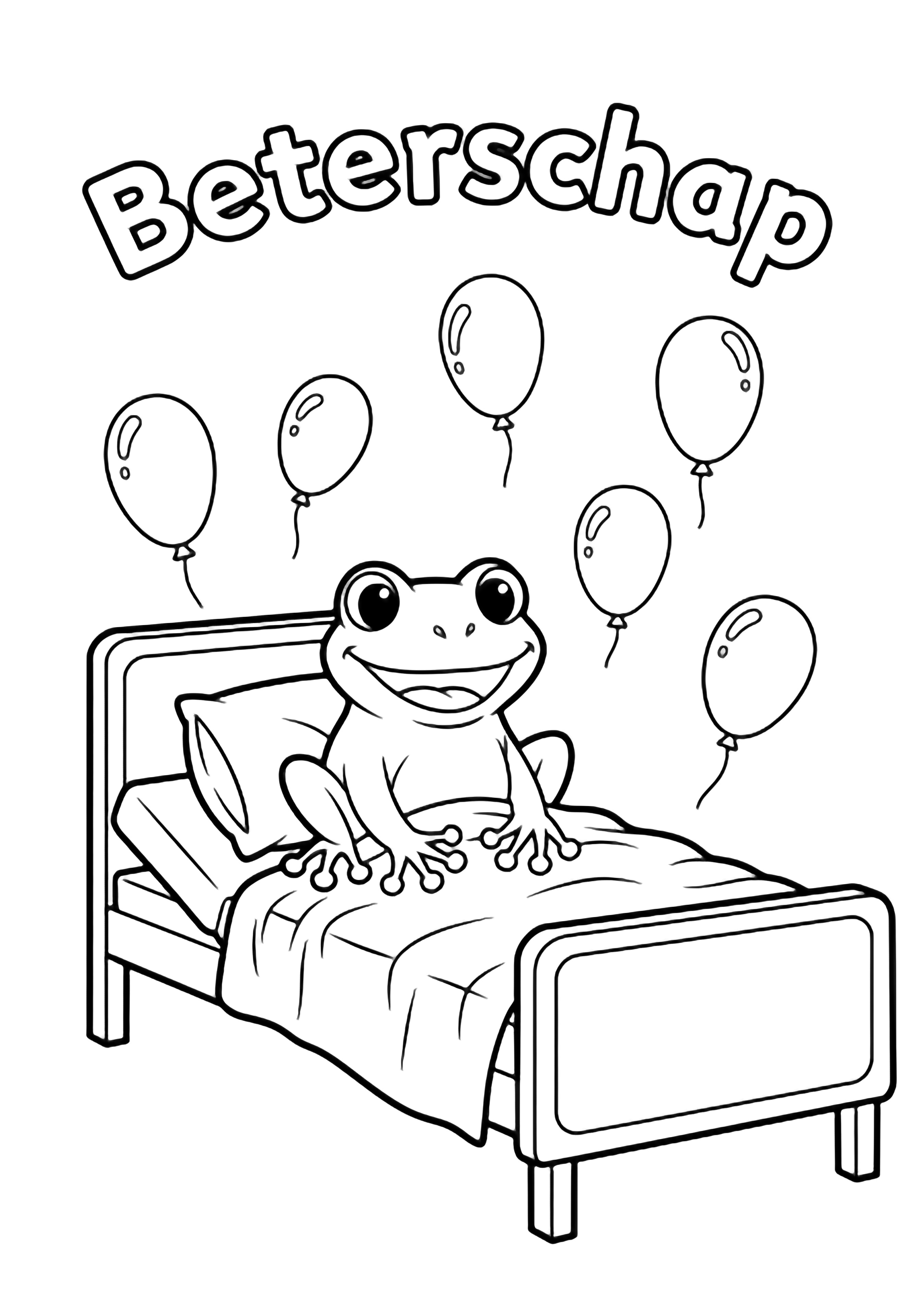 A cheerful frog sits in a hospital bed, surrounded by empty oval balloons; the Dutch word "Beterschap" curves overhead. kleurplaat