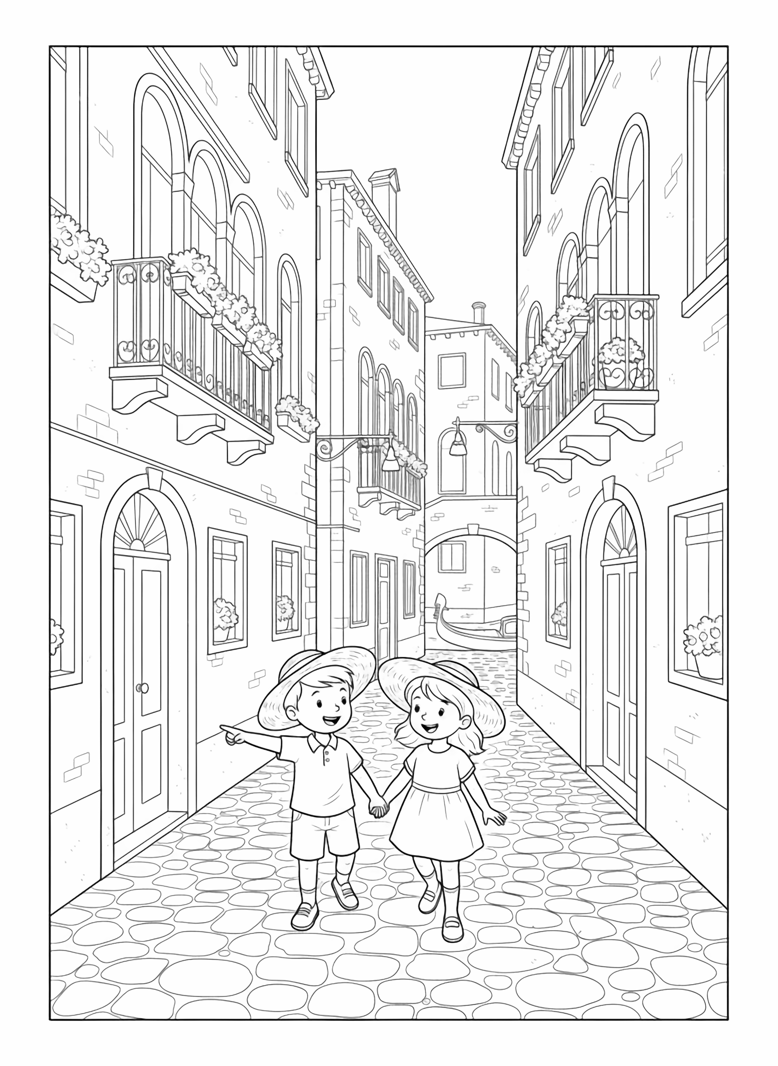 A black and white page showing two cheerful children exploring a beautiful Venetian alley The narrow cobblestone path winds between tall elegant buildings with ornate balconies and arched doorways The children walk hand in hand wearing simple summer clothes and straw hats to shade from the sun One child points excitedly at a clean black and white line drawing minimal shading no colour no fill kleurplaat
