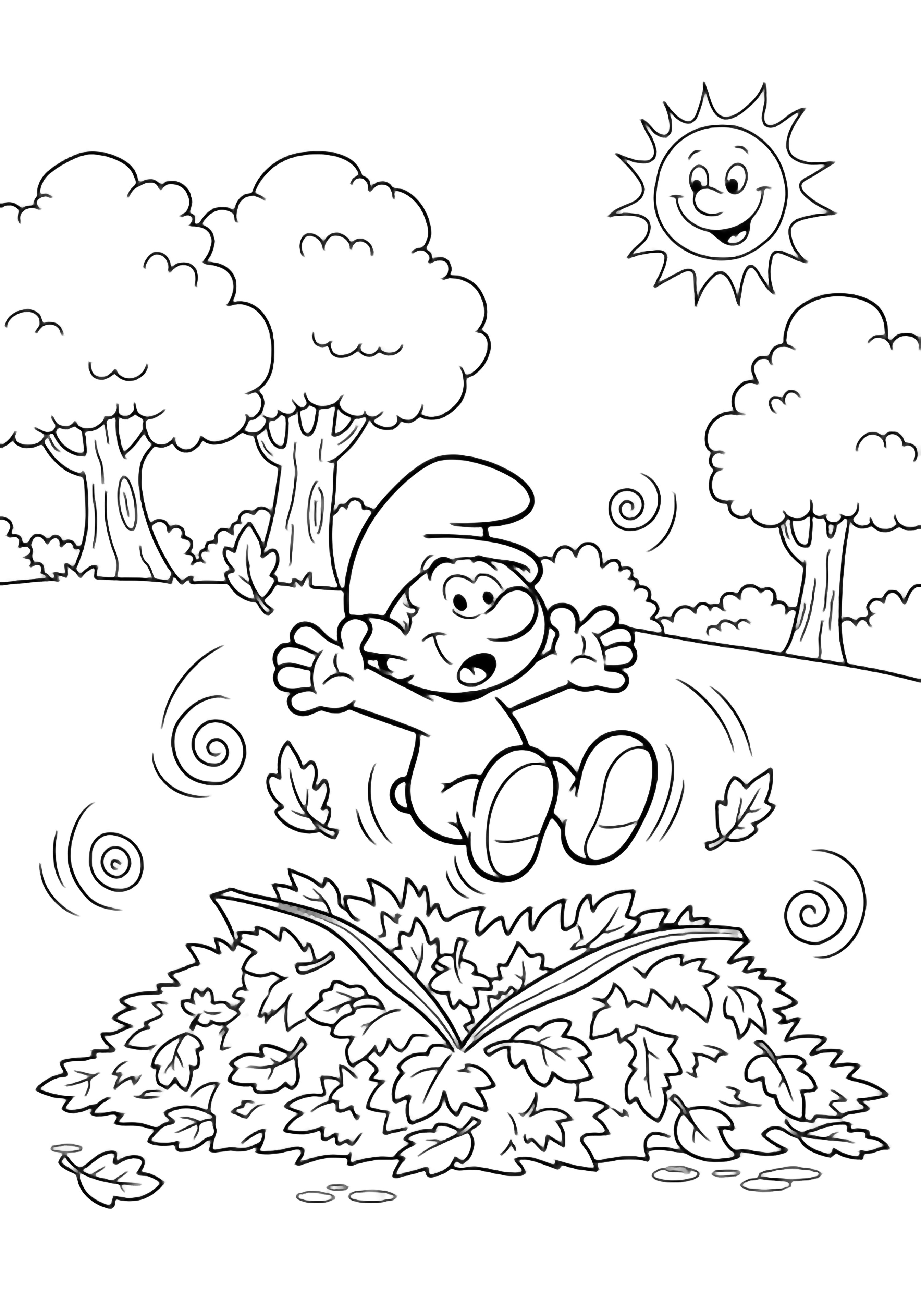 Smurf mid-tumble above an open pile, arms flailing, spiraling leaves around him, two fluffy trees and a smiling sun behind. kleurplaat