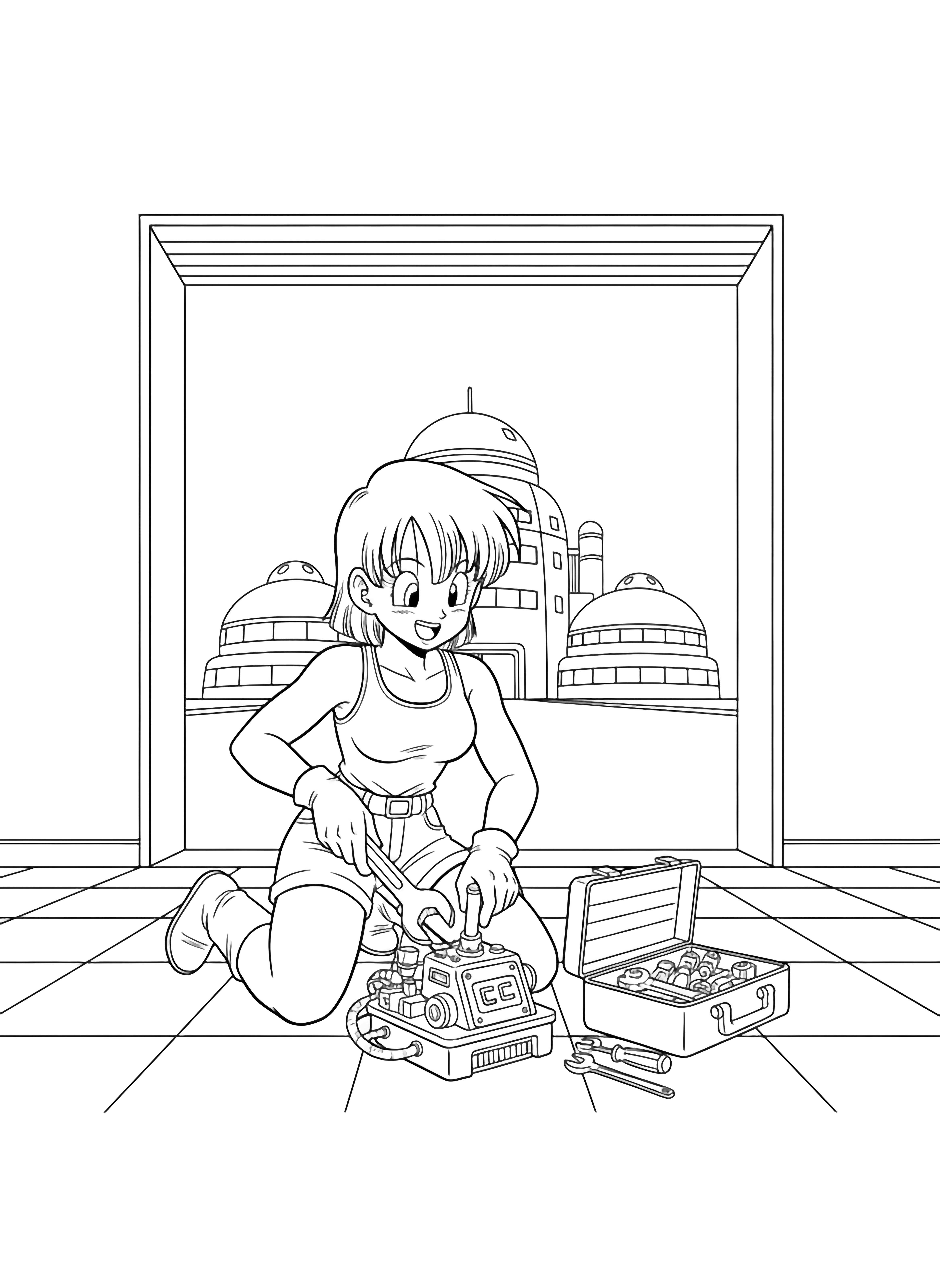Bulma kneels tightening a tiny Capsule Corp gadget, toolbox beside her inside a tiled garage, rounded Capsule Corp building visible through the open door. kleurplaat