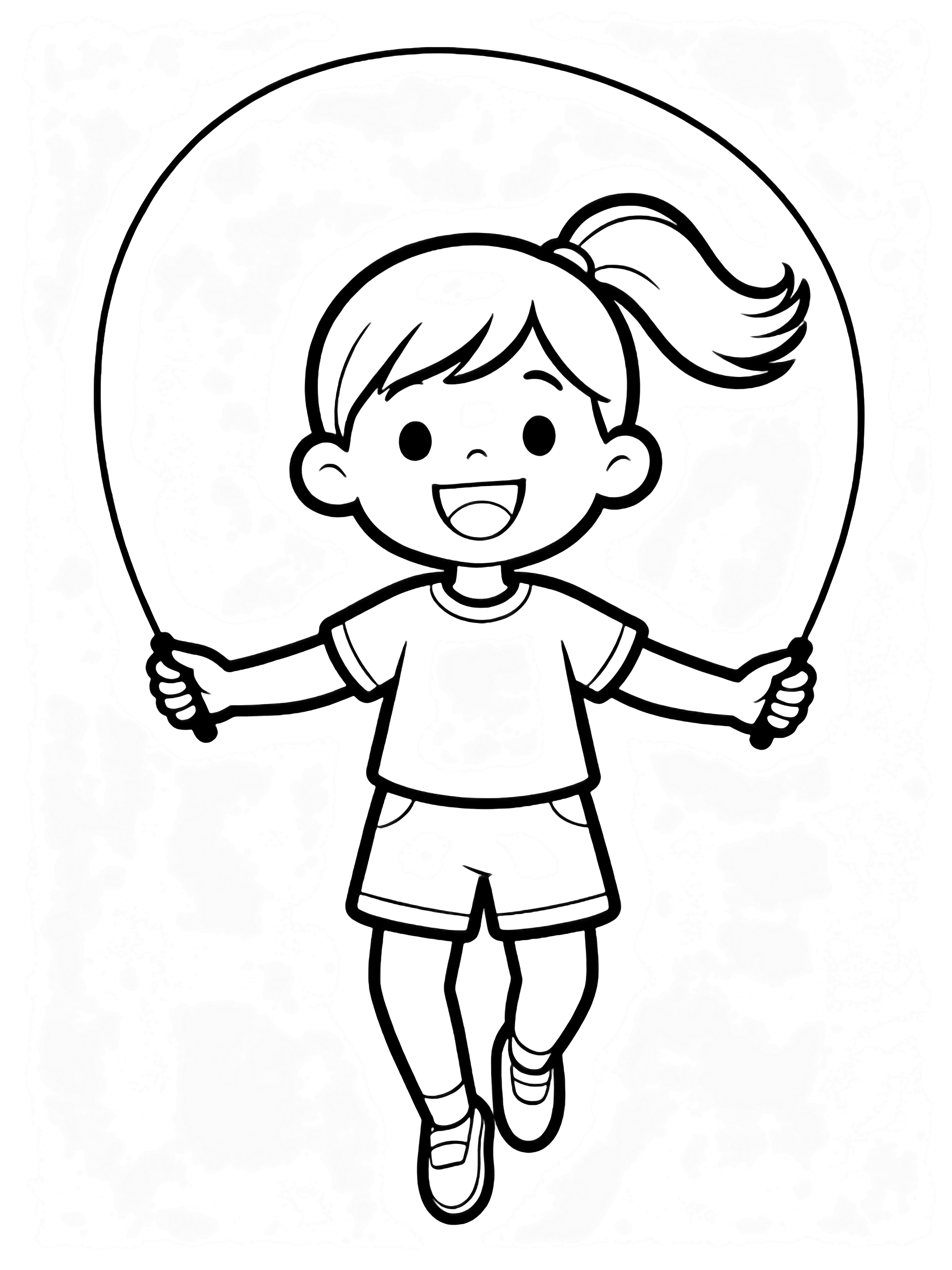 Happy girl with ponytail skipping, jump-rope looping overhead, arms wide, big smile, standing alone on blank white space kleurplaat