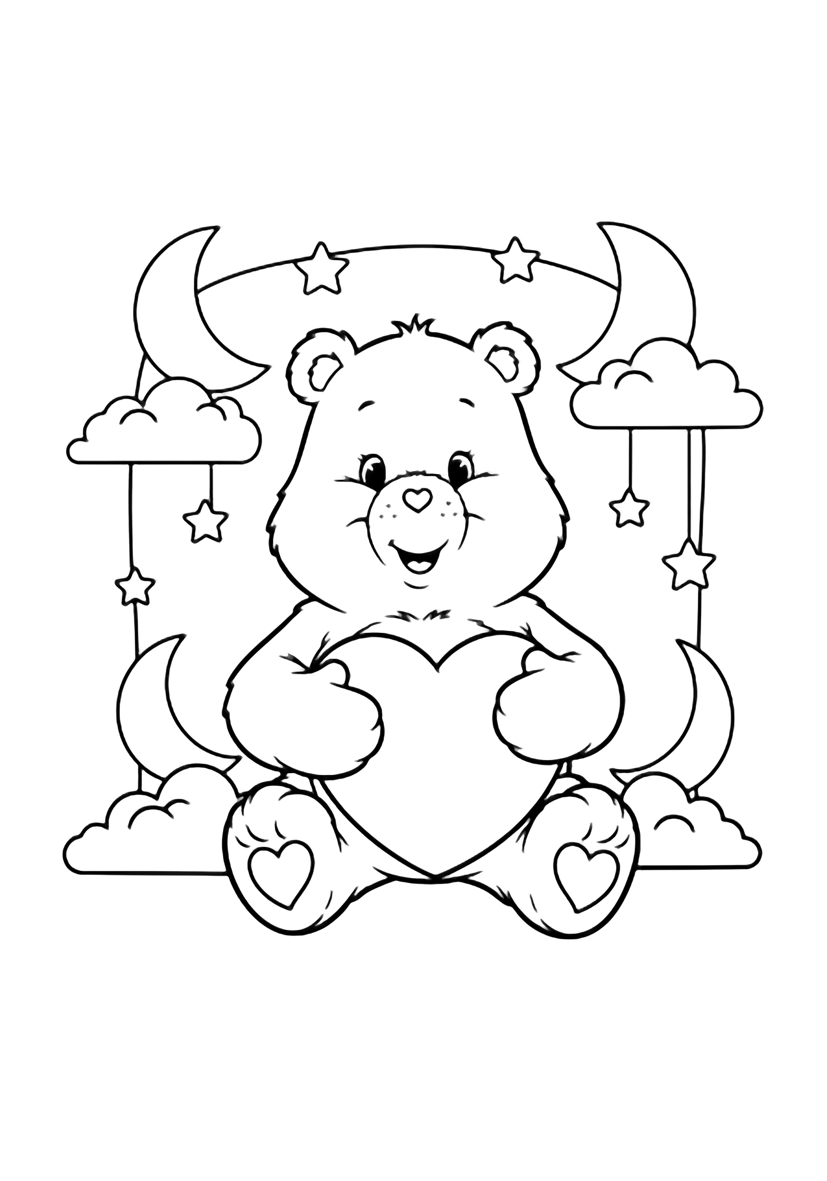 A smiling Care Bear hugs a large heart to its belly, framed by a crescent moon, fluffy clouds, and twinkling stars. kleurplaat