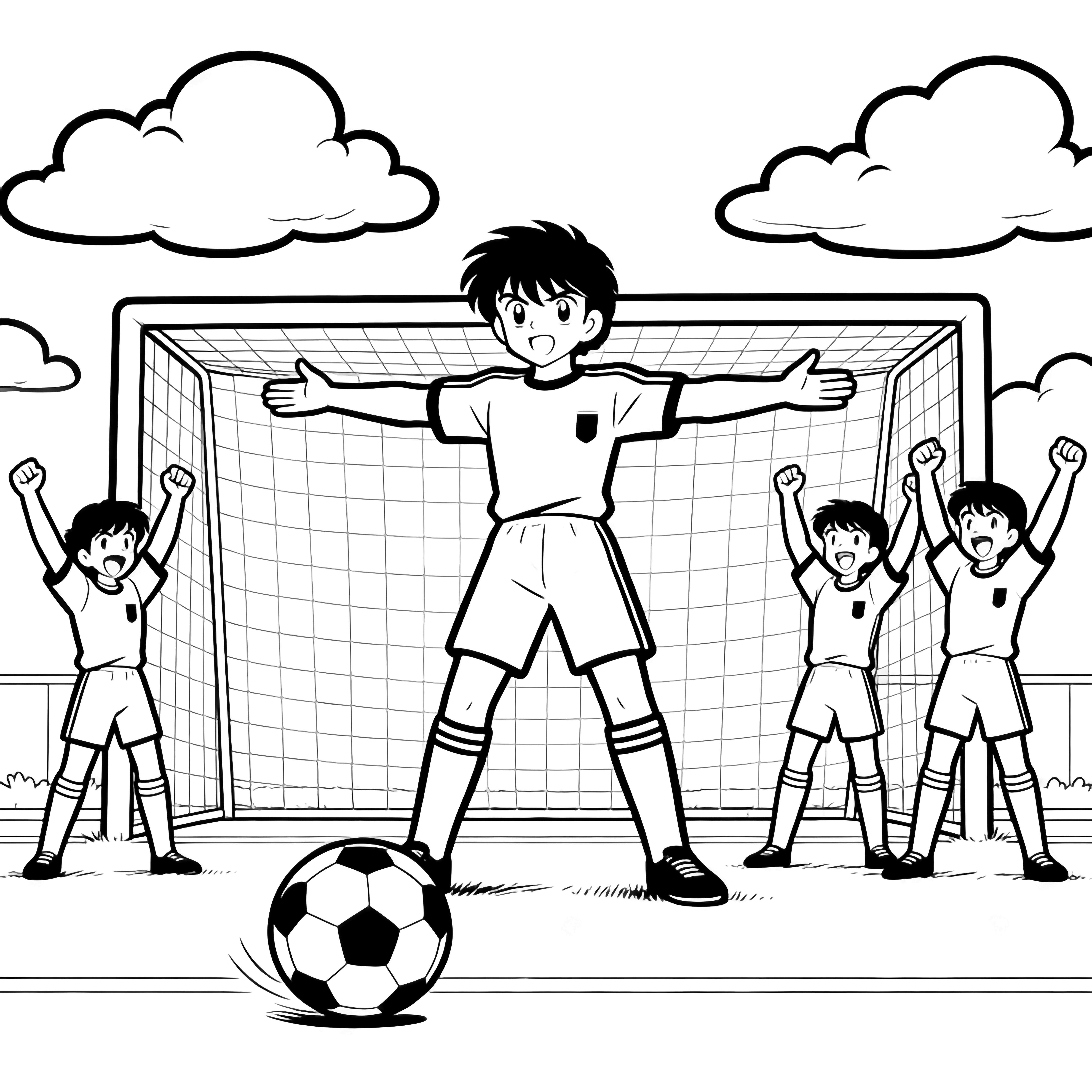 Kapitein Endou strekt zich breed om een schot te blokkeren, teamgenoten juichen achter hem, de voetbal rolt, wollige wolken drijven boven. kleurplaat