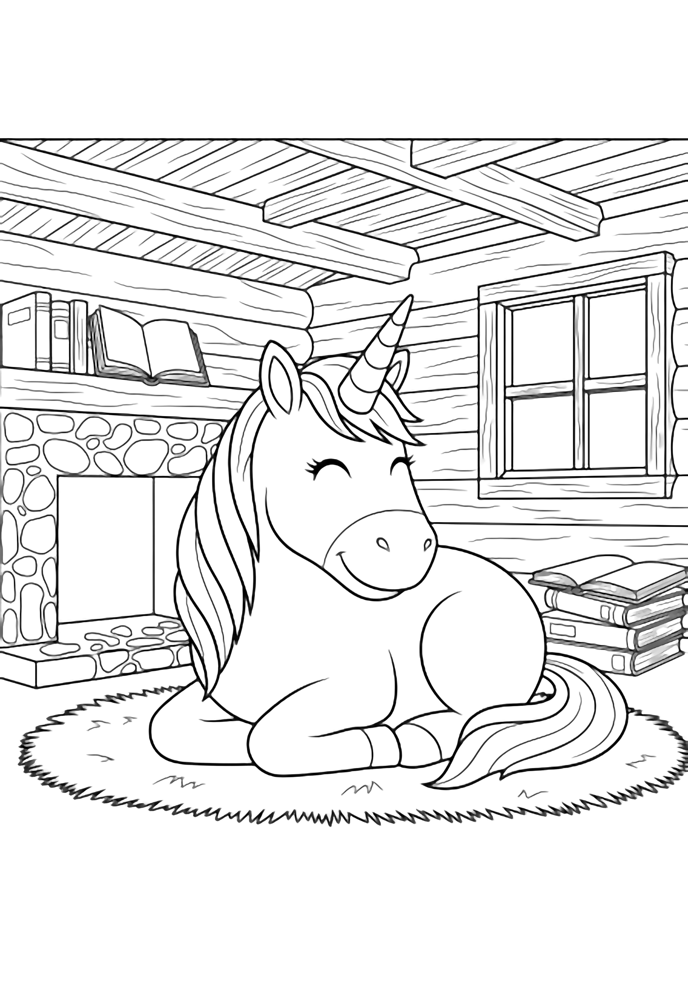 A smiling unicorn curls on a thick rug inside a log cabin; empty stone fireplace behind stacked open books beside simple wooden beams and window frame kleurplaat