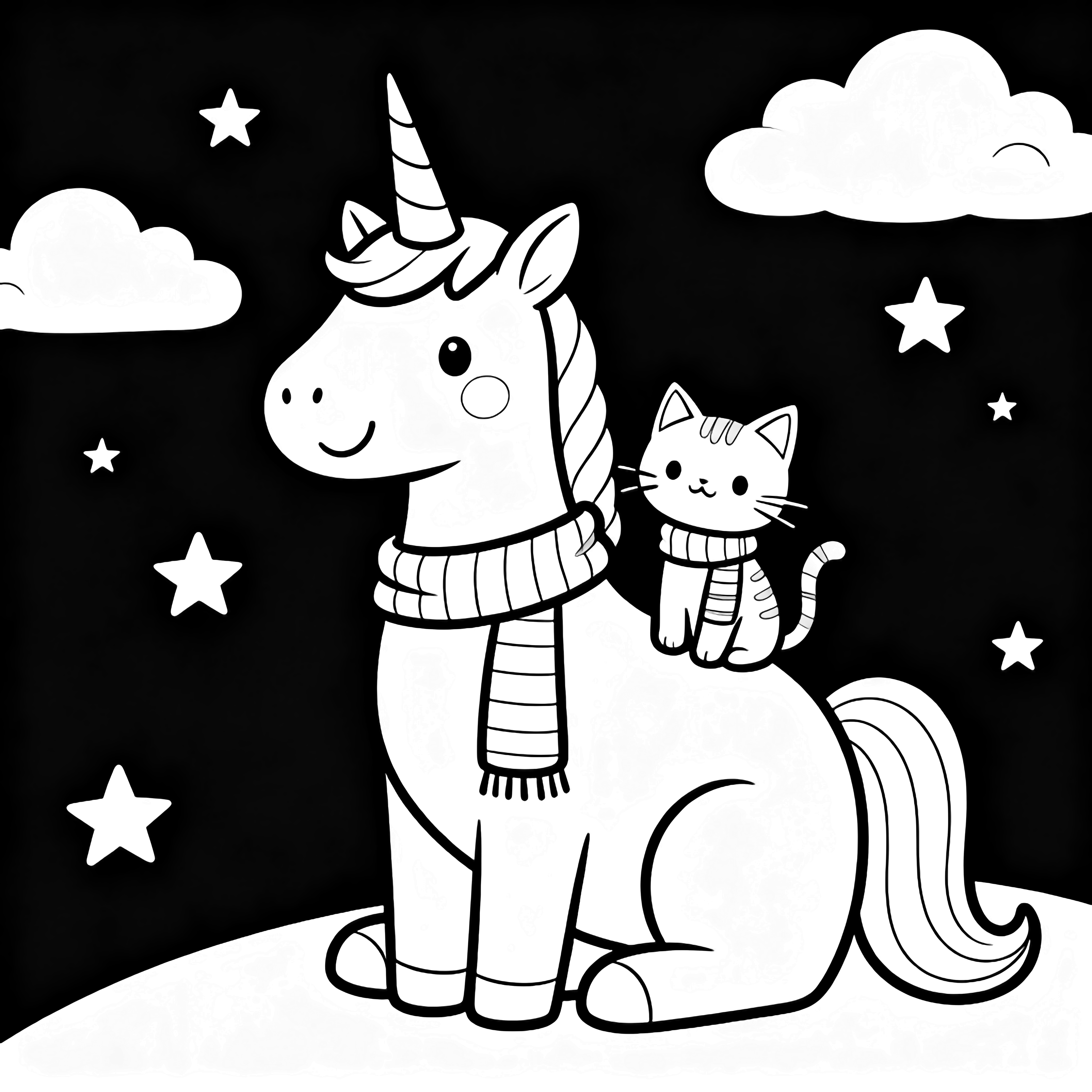 A smiling unicorn with a cat on its back, both wearing striped scarves, stand beneath clouds and stars on a gentle hill. kleurplaat