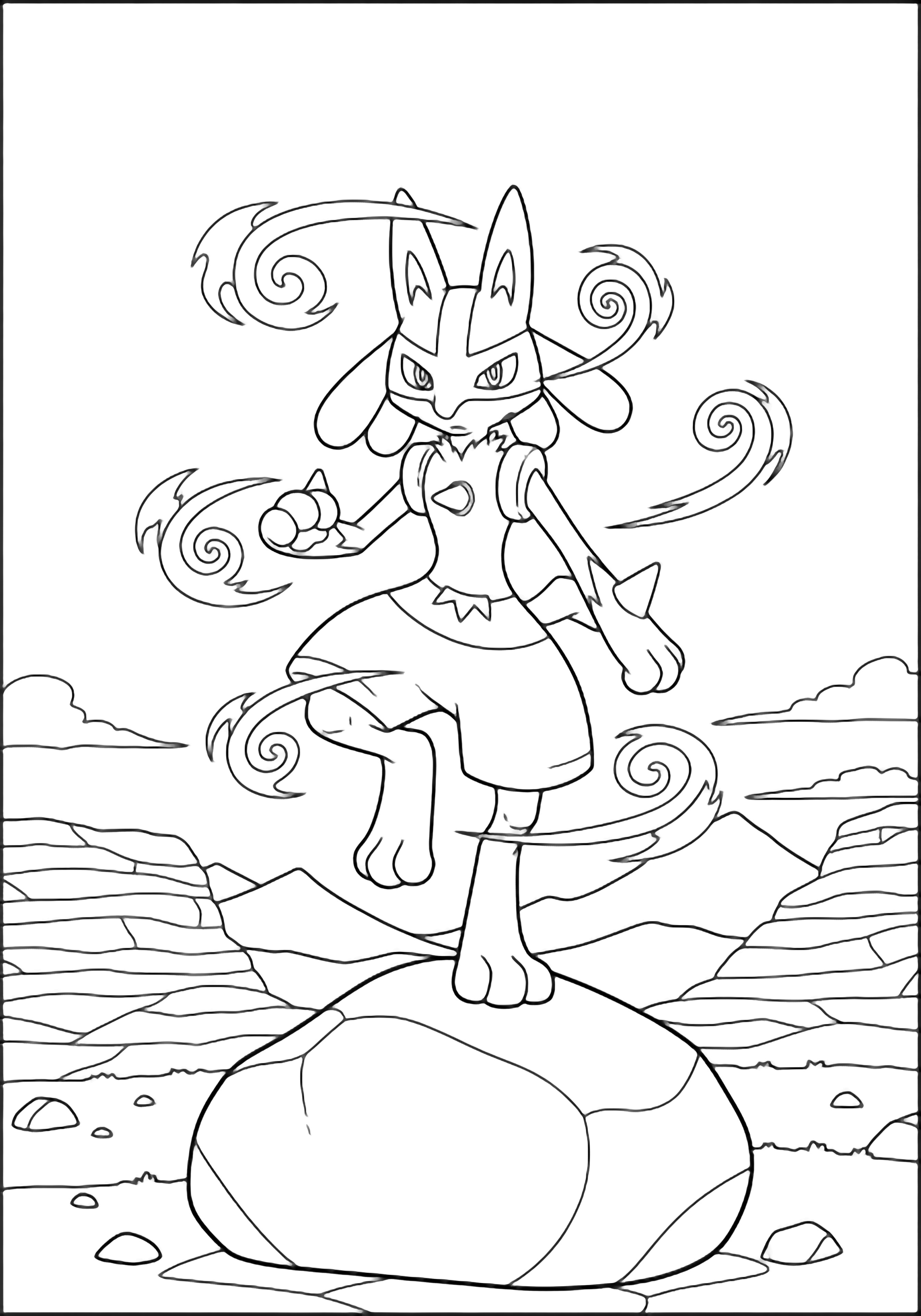 Lucario poised on one foot on a boulder, paws forward, aura spirals around him, valley with layered rocks and distant mountains. kleurplaat