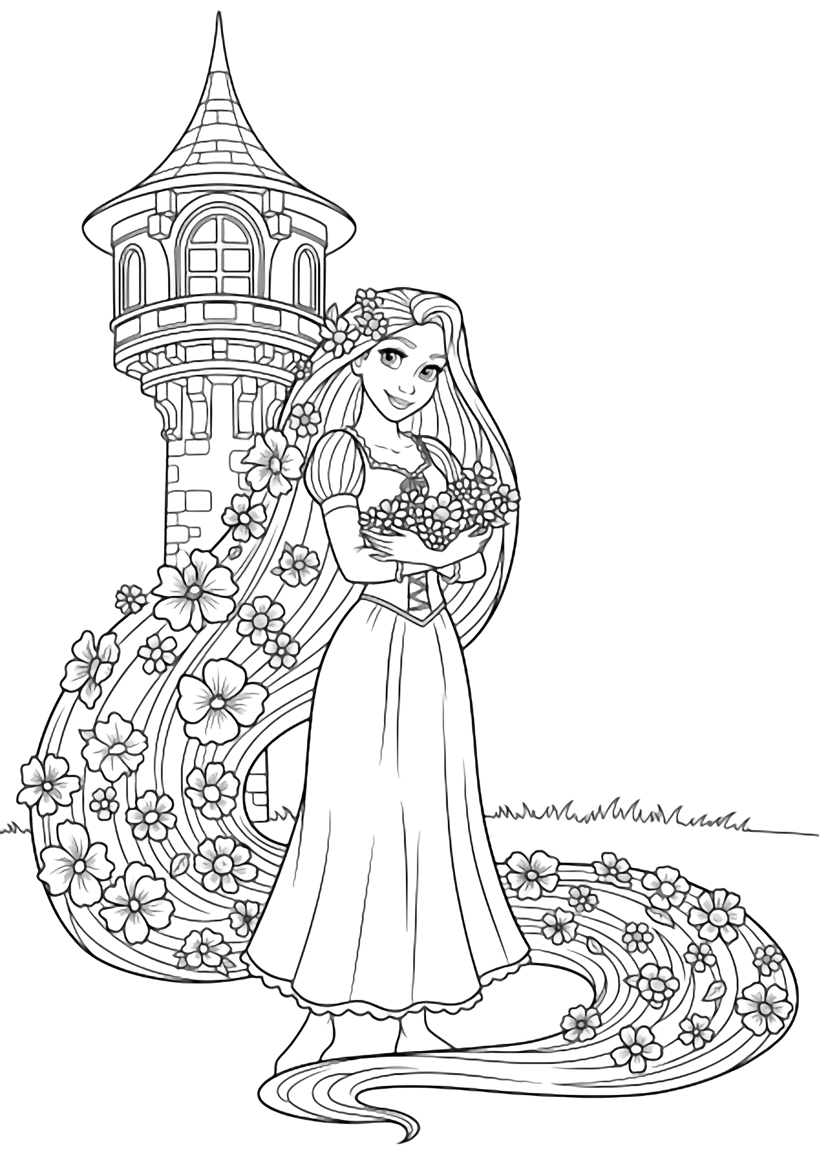 Rapunzel centered, hair swirling into blooming flowers, tower window behind, grass line below. kleurplaat
