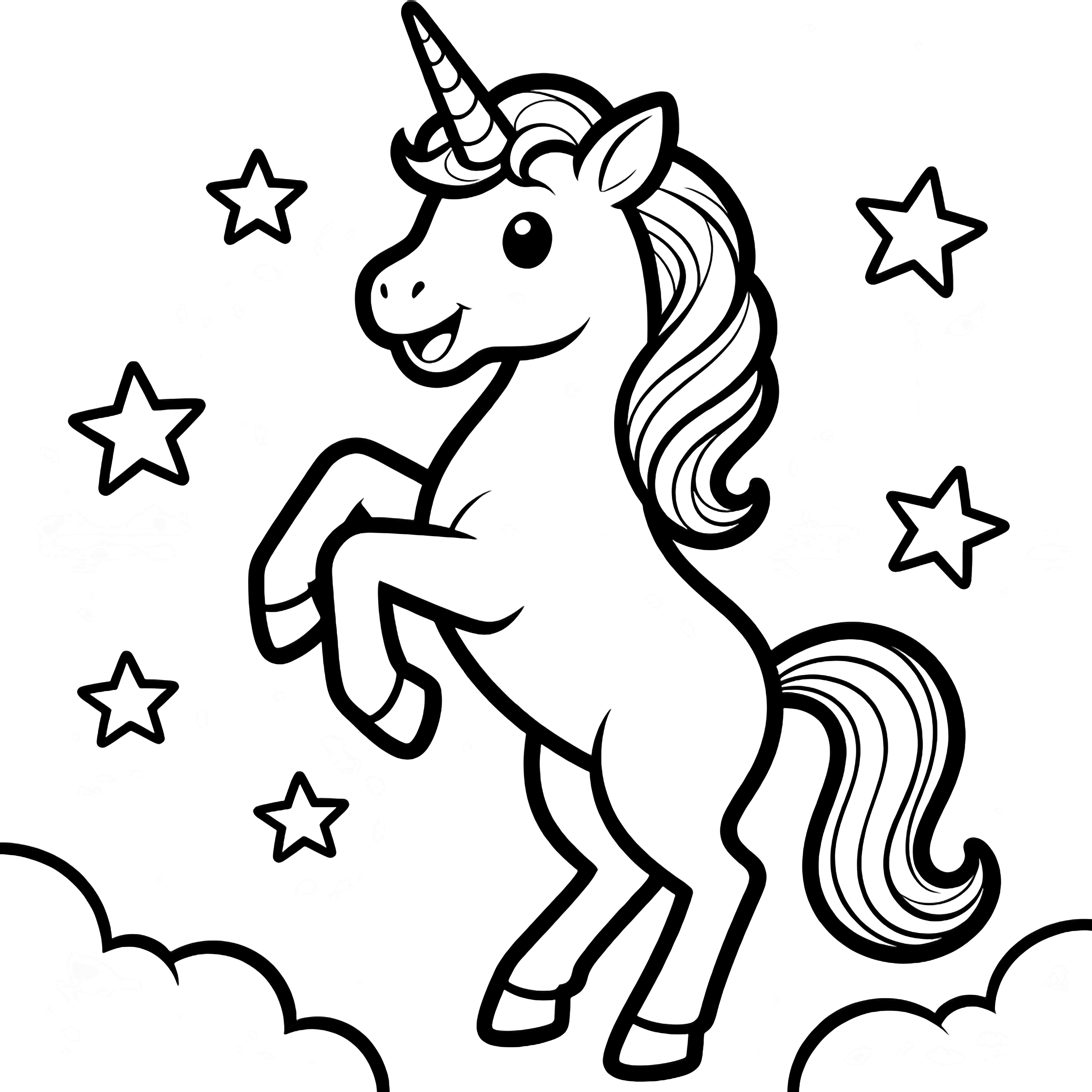 A joyful unicorn rears up, mane and tail flowing, surrounded by simple stars and fluffy clouds. kleurplaat