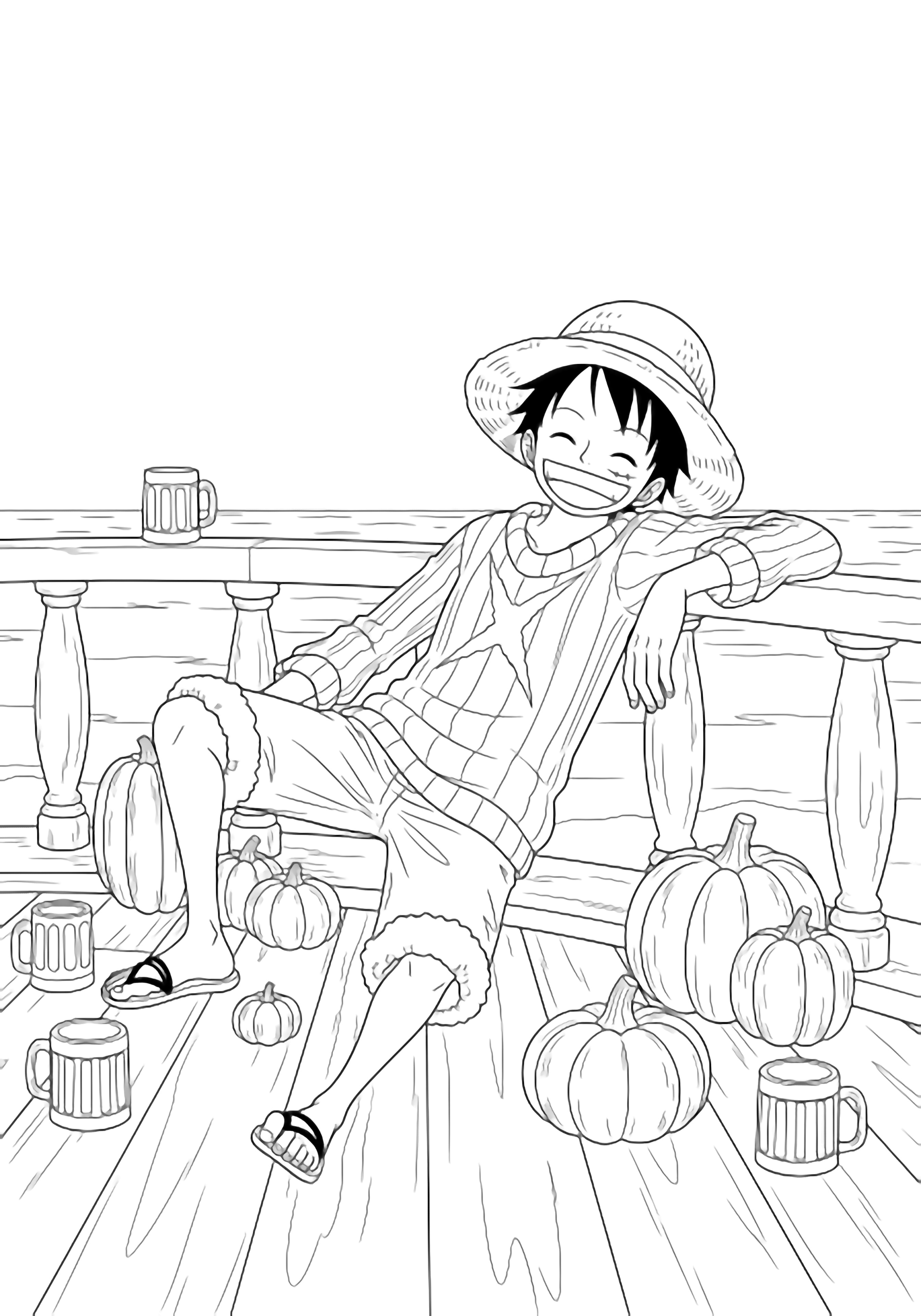 Luffy lounges on the deck railing in a chunky sweater, straw hat tilted, smiling; empty mugs and pumpkins scatter the planks, calm sea horizon behind. kleurplaat