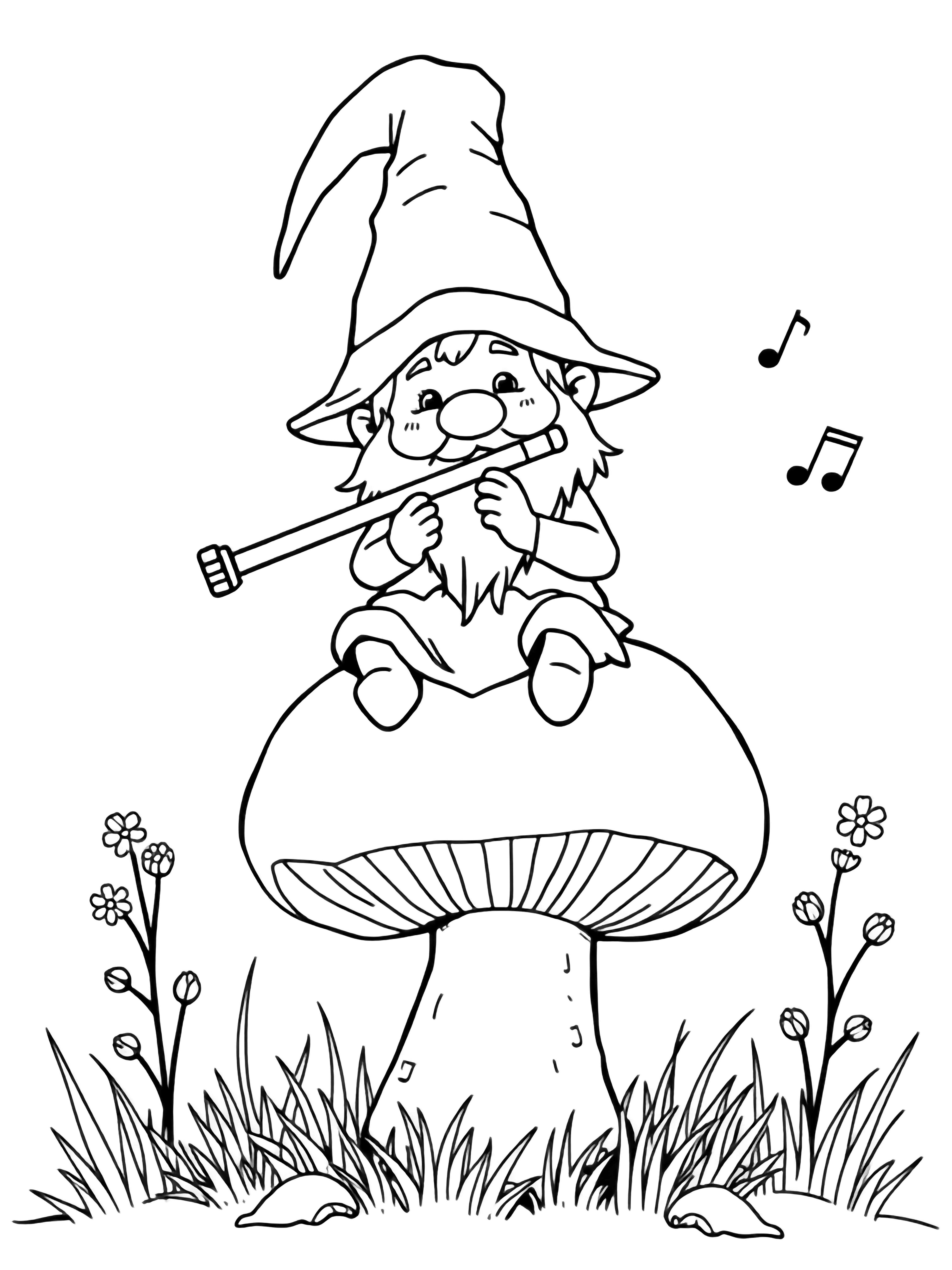 A cheerful gnome with a drooping hat sits on a big round mushroom playing a flute, surrounded by grass, small flowers, and drifting musical notes. kleurplaat