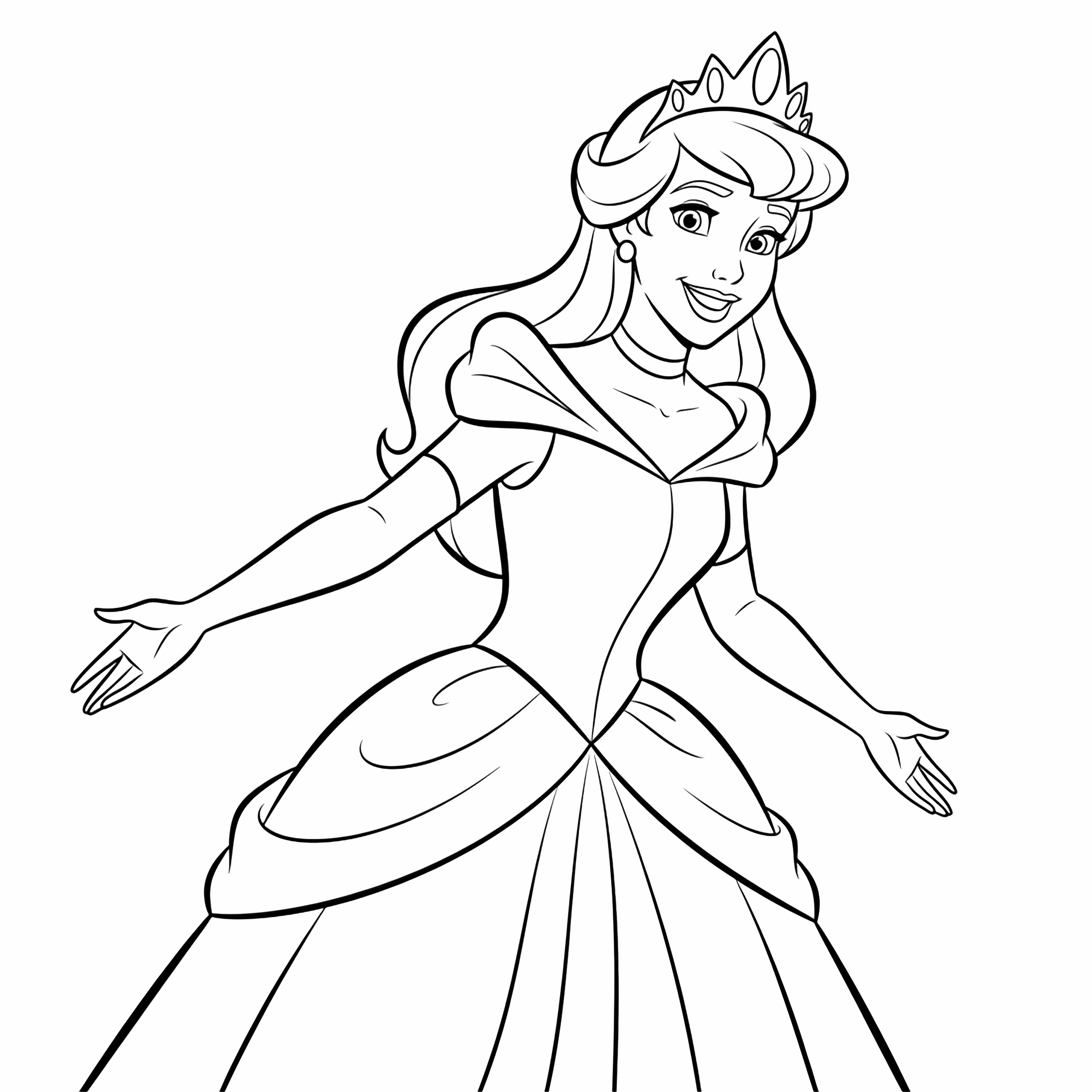Smiling princess in flowing gown and tiara, arms slightly out, friendly pose kleurplaat