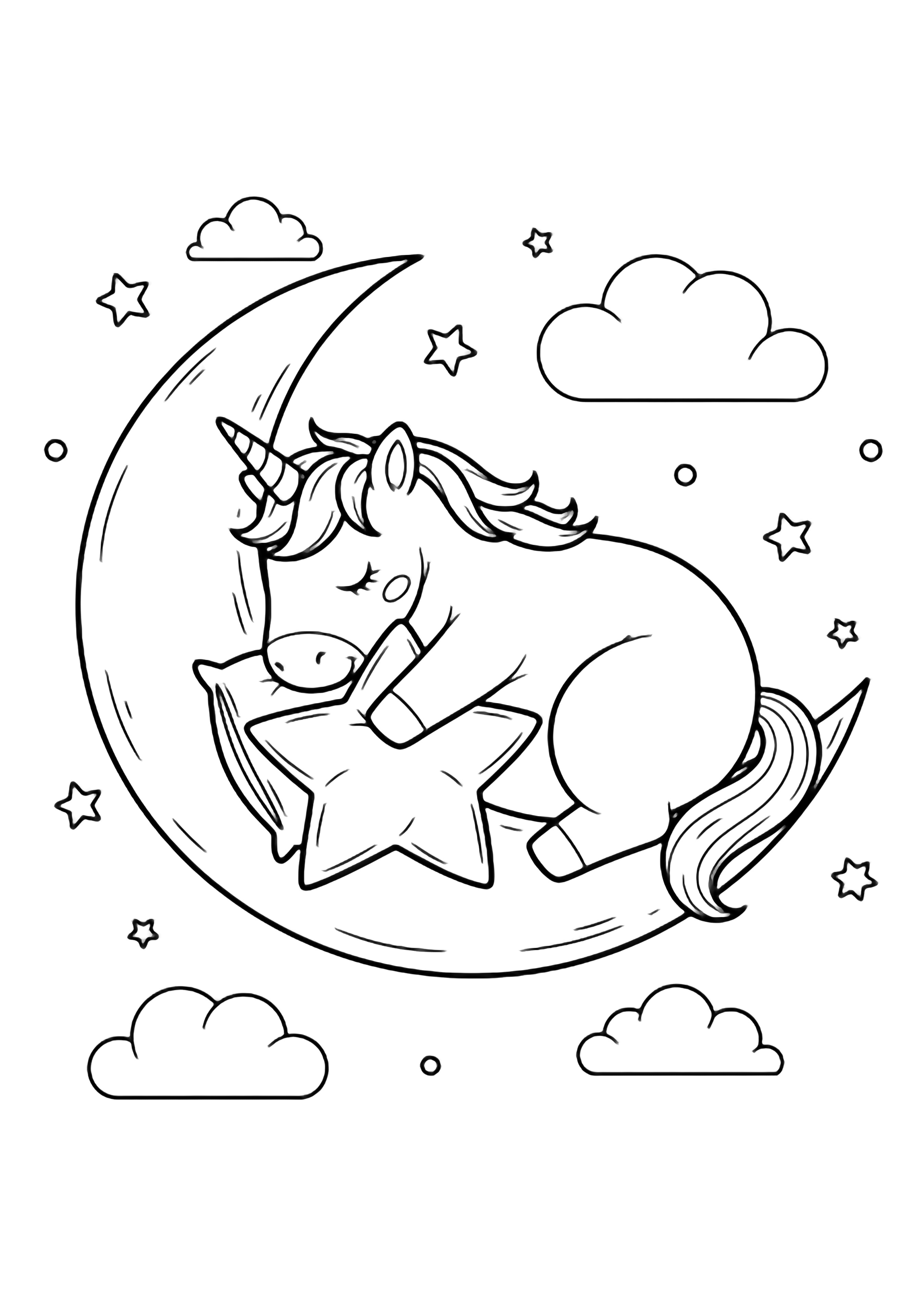 A plump unicorn sleeps curled on a slim crescent moon, clutching a star-shaped pillow; small clouds and tiny stars drift nearby. kleurplaat