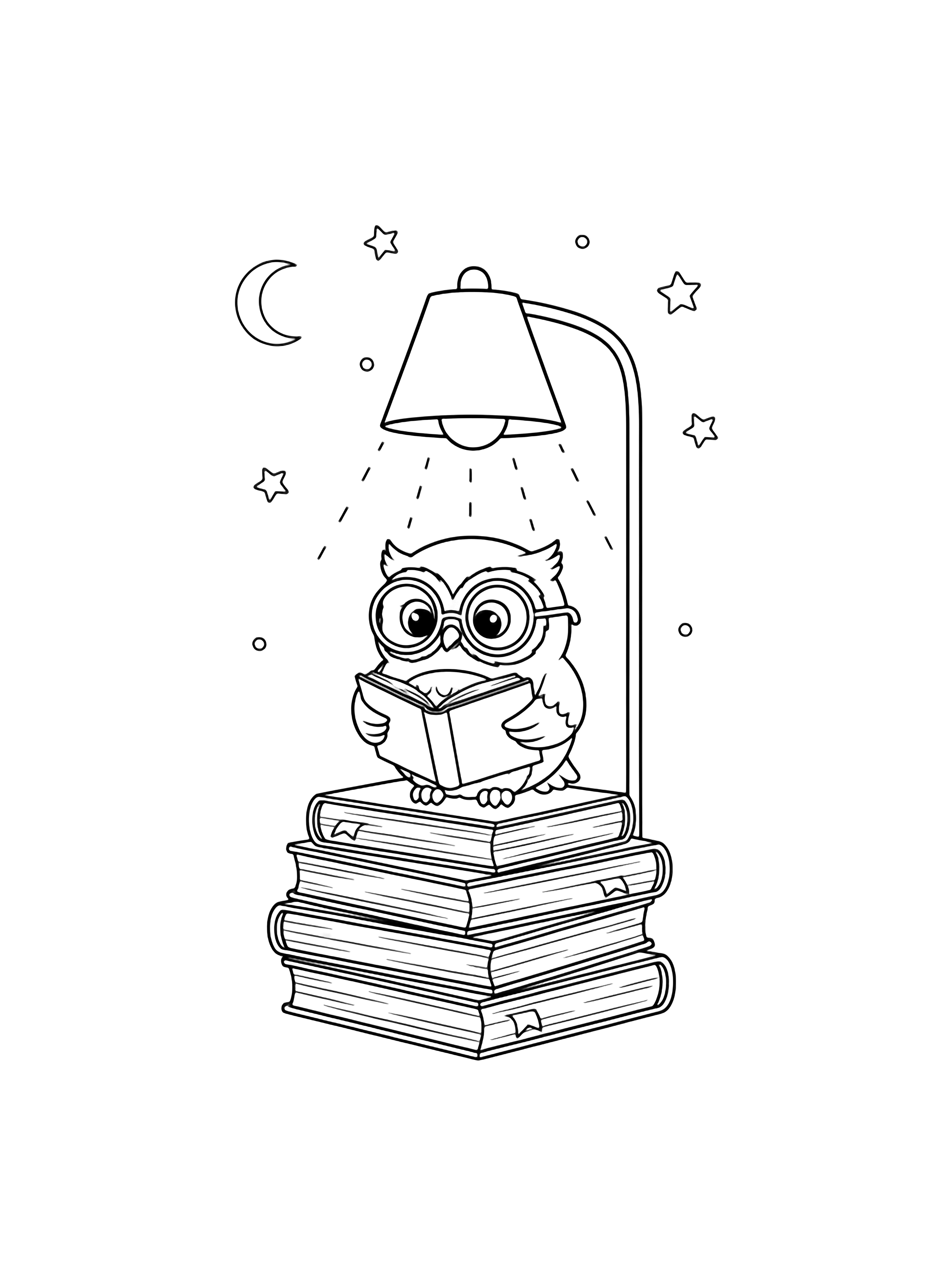 Tiny owl wearing oversized round glasses sits on stacked books, holding an open book with its wings; slender lamp stands nearby while faint stars and crescent moon glow above. kleurplaat