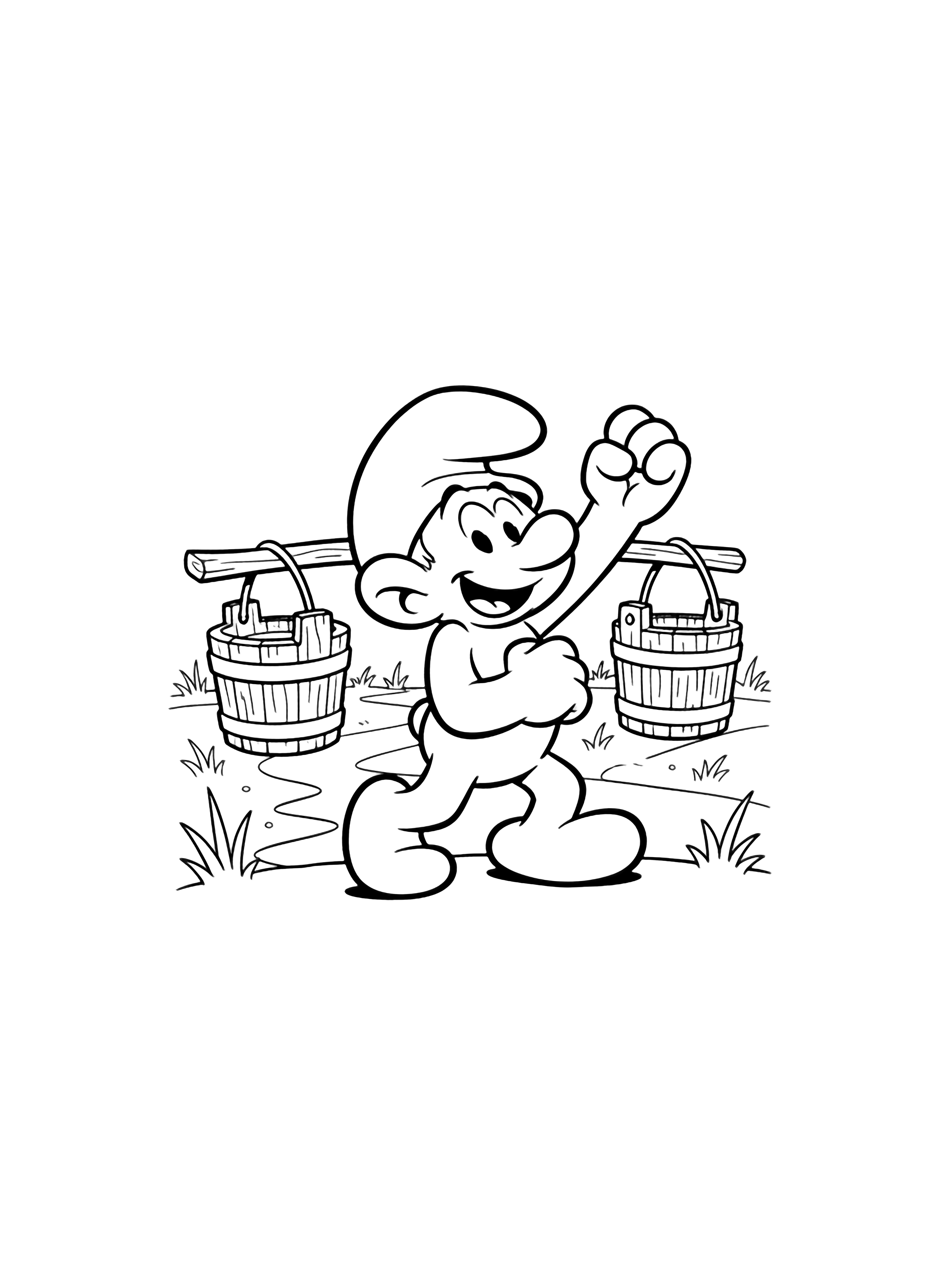 Hefty Smurf strides forward smiling, one arm raised in song, carrying two buckets on poles across his shoulders, with simple grass and a wavy river behind him. kleurplaat