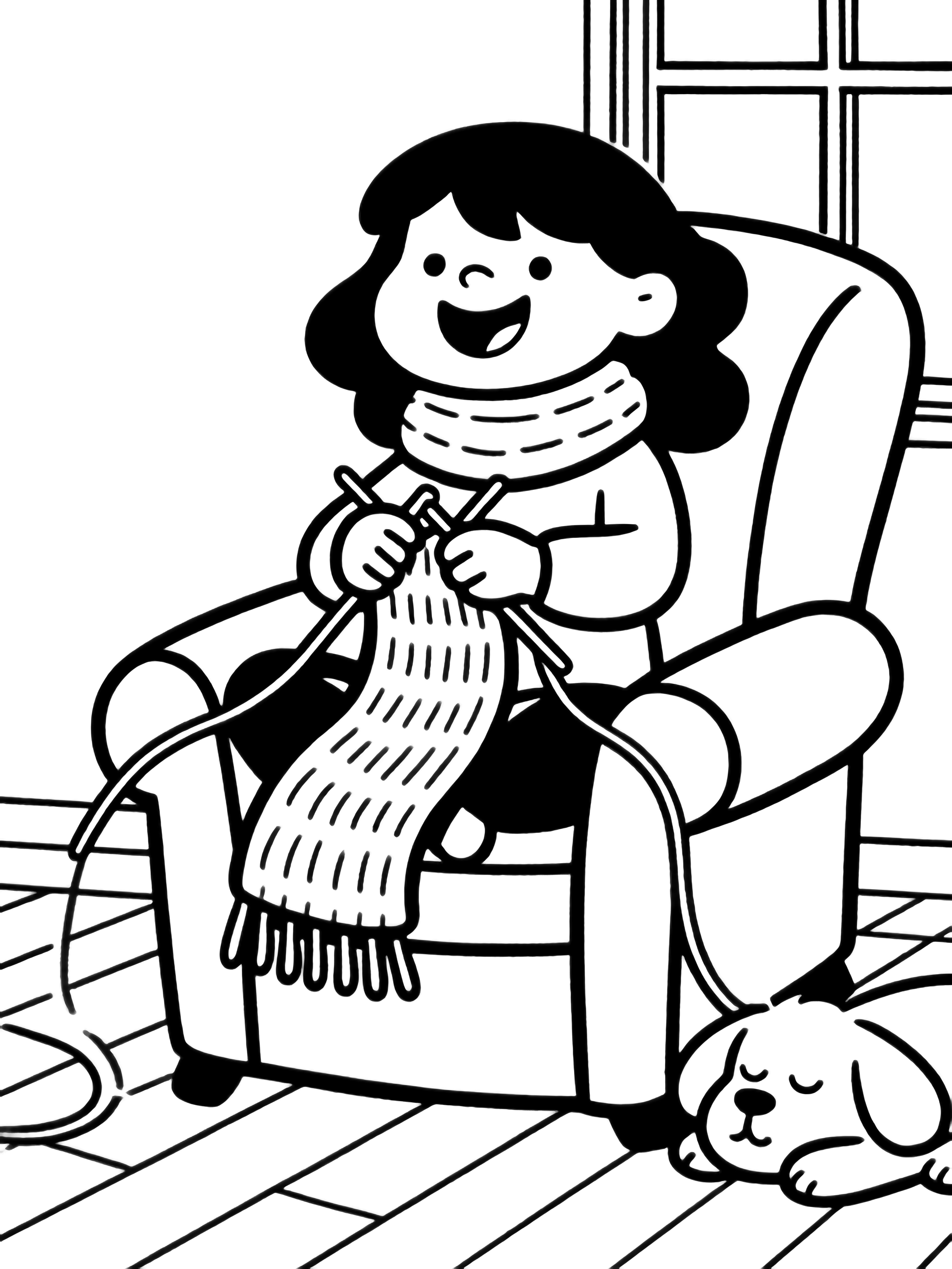 Mabel sits cross-legged in an armchair knitting a long scarf; Waddles naps beside her, floorboards and a window behind. kleurplaat