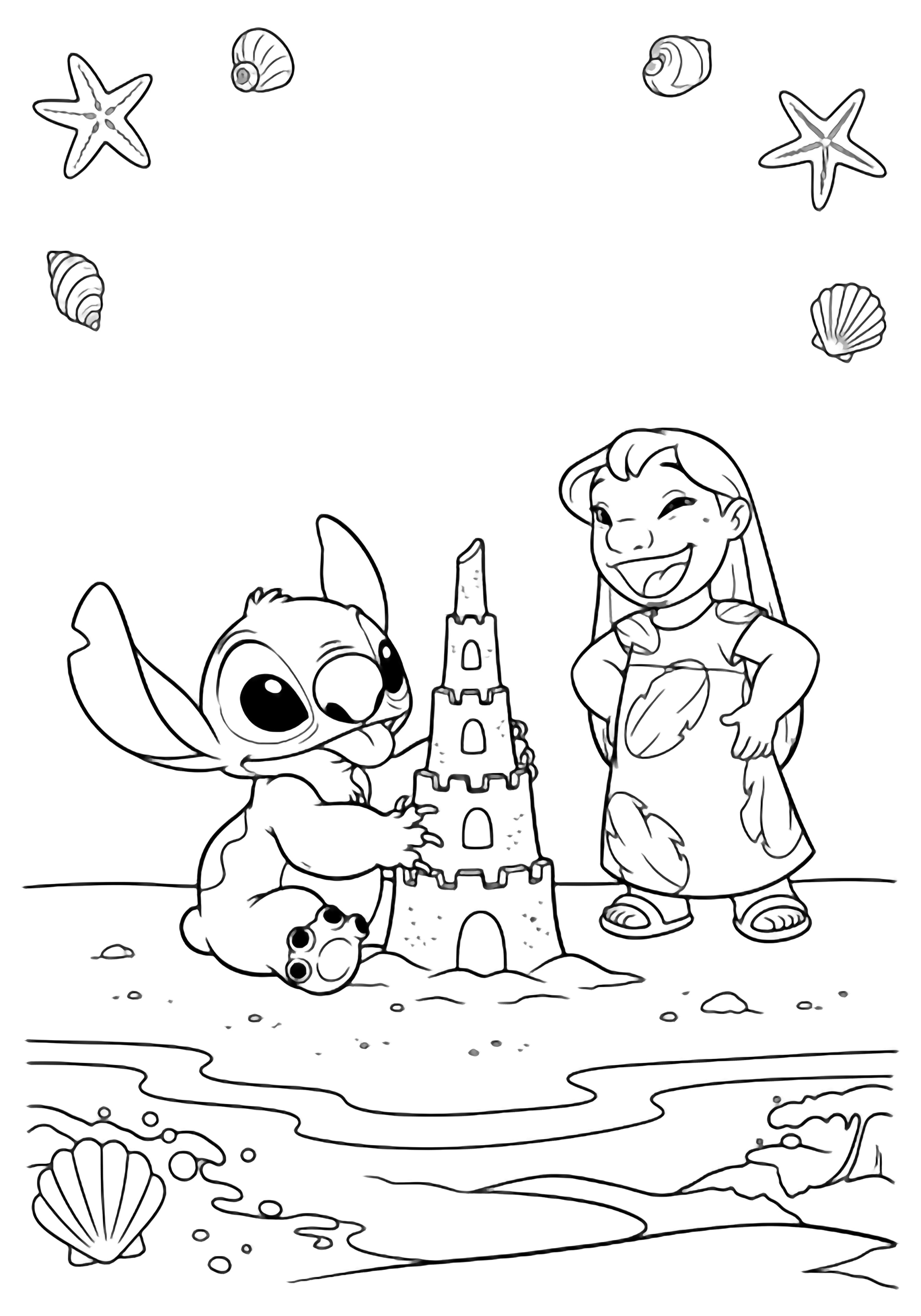 illustration on a Stitch sits cross legged on a beach stacking sandcastle towers; Lilo stands nearby hands on hips mouth open in laughter; simple outlines of shells starfish and gentle waves frame the scene all in bold black on white clean black kleurplaat