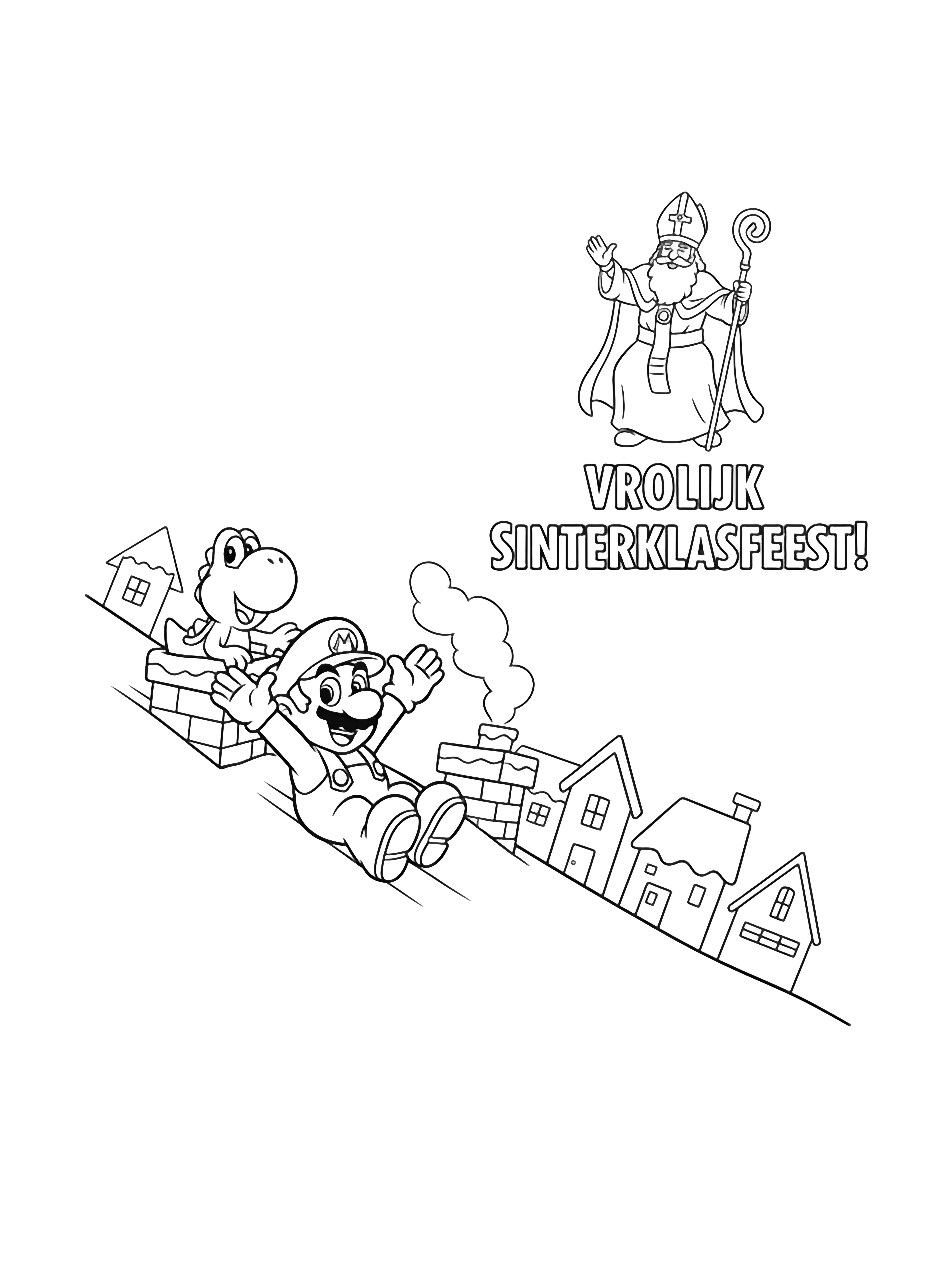 Mario and Yoshi slide down a snowy rooftop; Mario waves a boot, Yoshi clutches a chimney, peaked houses behind. kleurplaat