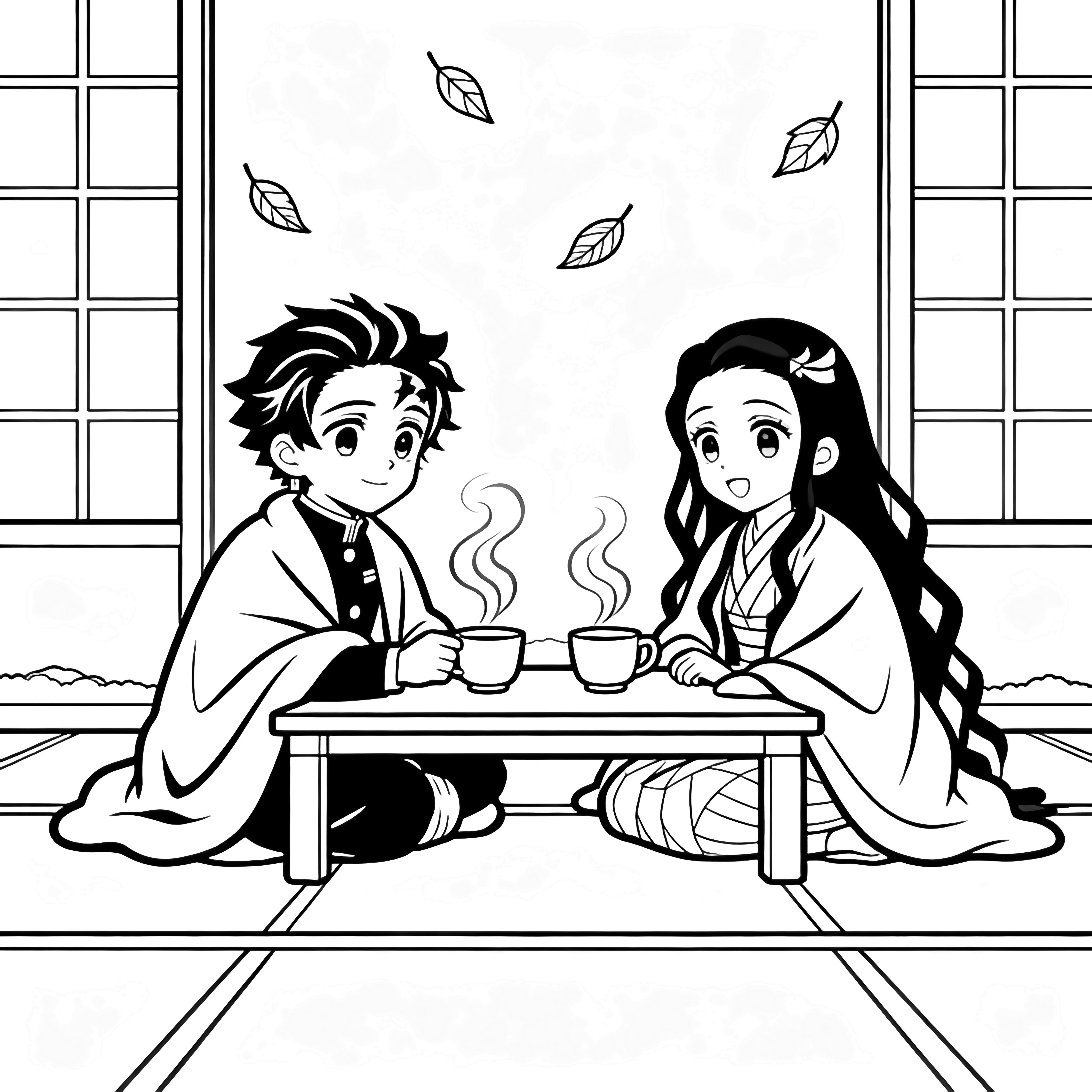 Tanjiro and Nezuko sit at a low table with steaming teacups, blankets on shoulders, leaves drifting past the window. kleurplaat