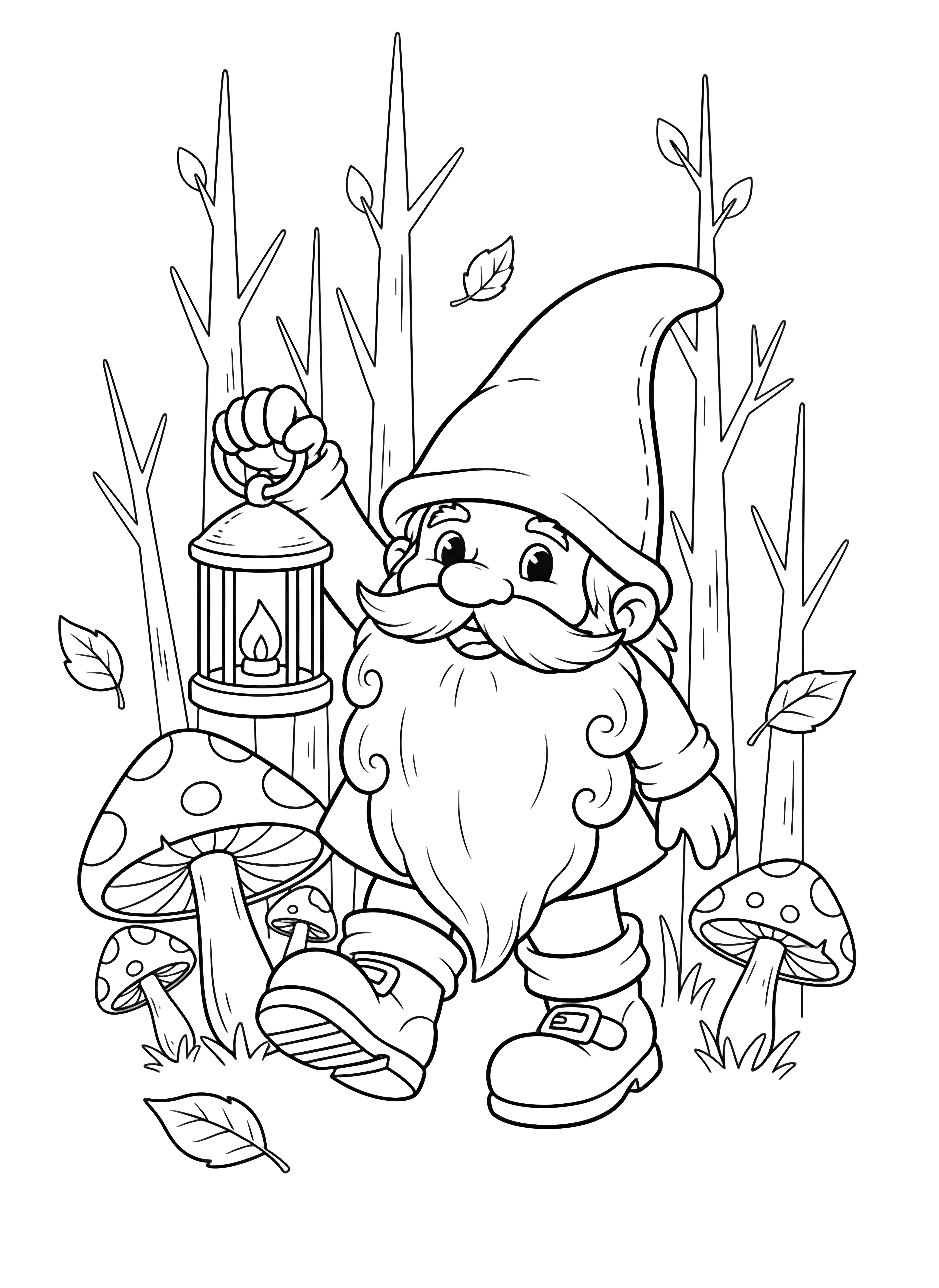 A cheerful gnome with a tall open hat walks forward holding a lantern, wearing chunky boots, flowing beard, surrounded by tall slender trees, oversized mushrooms, and drifting leaves. kleurplaat