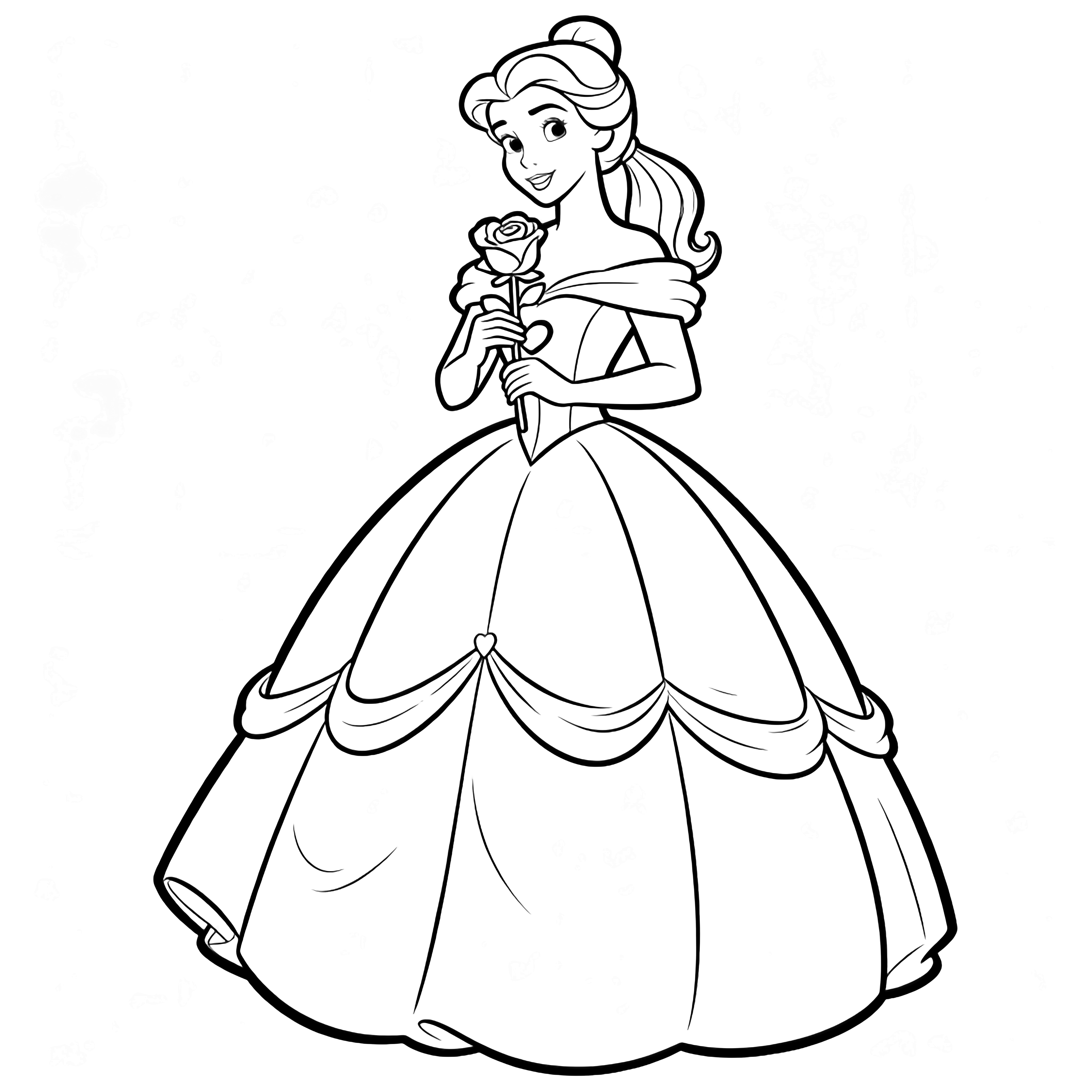 Belle stands holding a rose at her heart, her flowing ball gown and softly waved ponytail framed by empty white space. kleurplaat