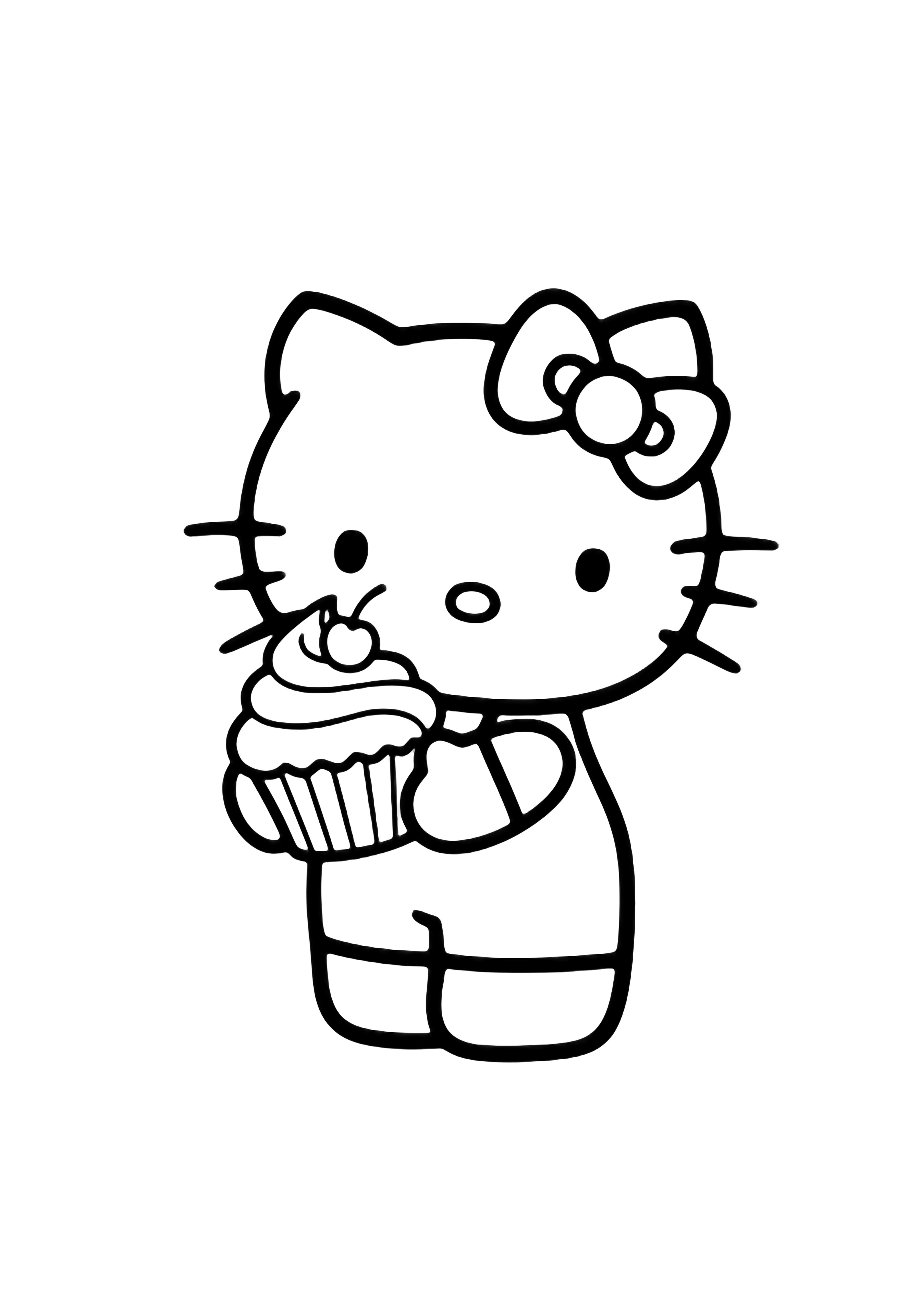 Hello Kitty stands centered, arms gently raised, holding a cupcake with a swirl peak, bow, whiskers, and smile; cherry and wrapper drawn in clean lines. kleurplaat