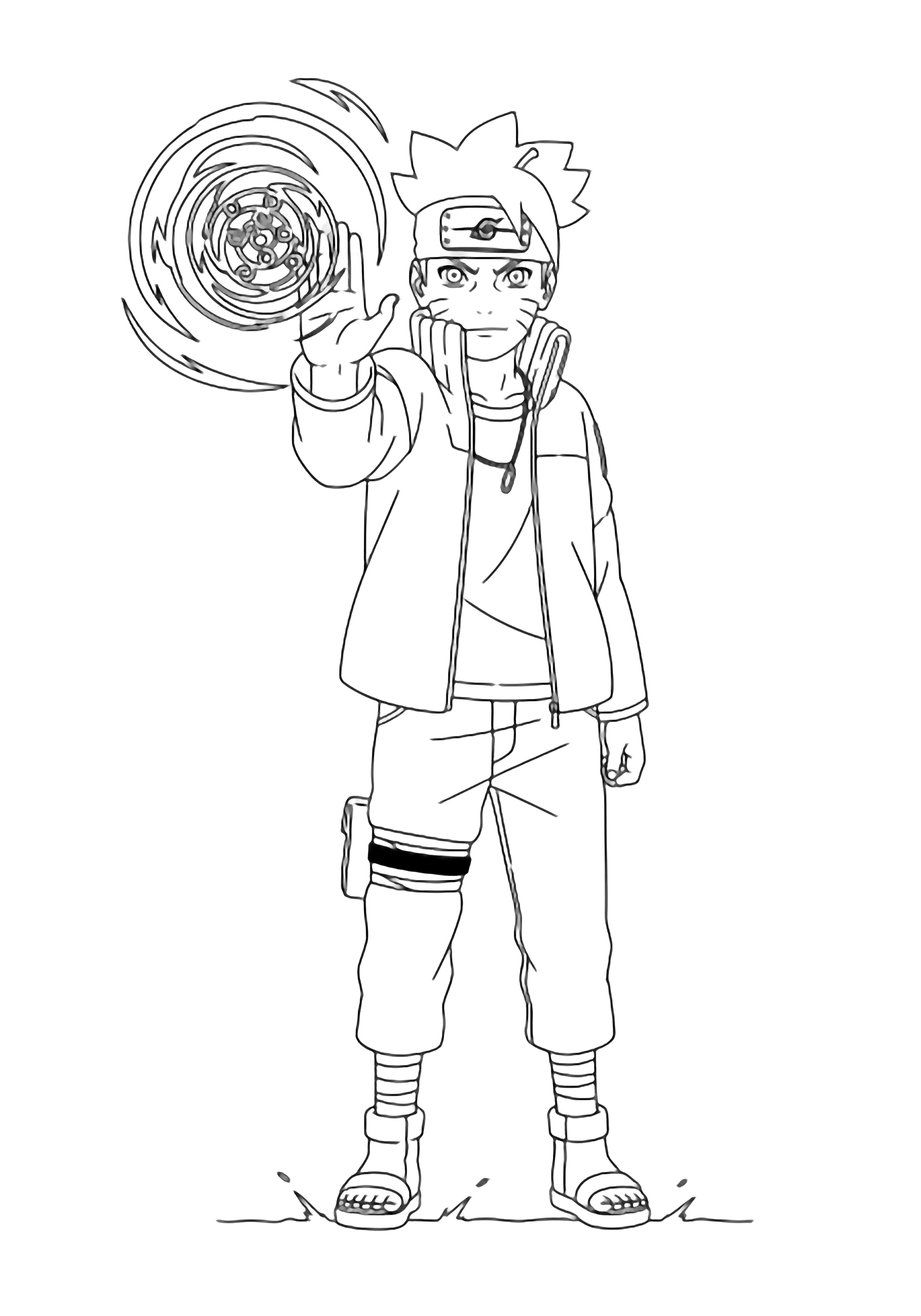Boruto stands facing forward, right hand raised, palm up, swirling Rasengan with spiral rings; headband, jacket trim, pants marked by bold empty shapes; minimal ground line and tiny speed lines behind for motion. kleurplaat