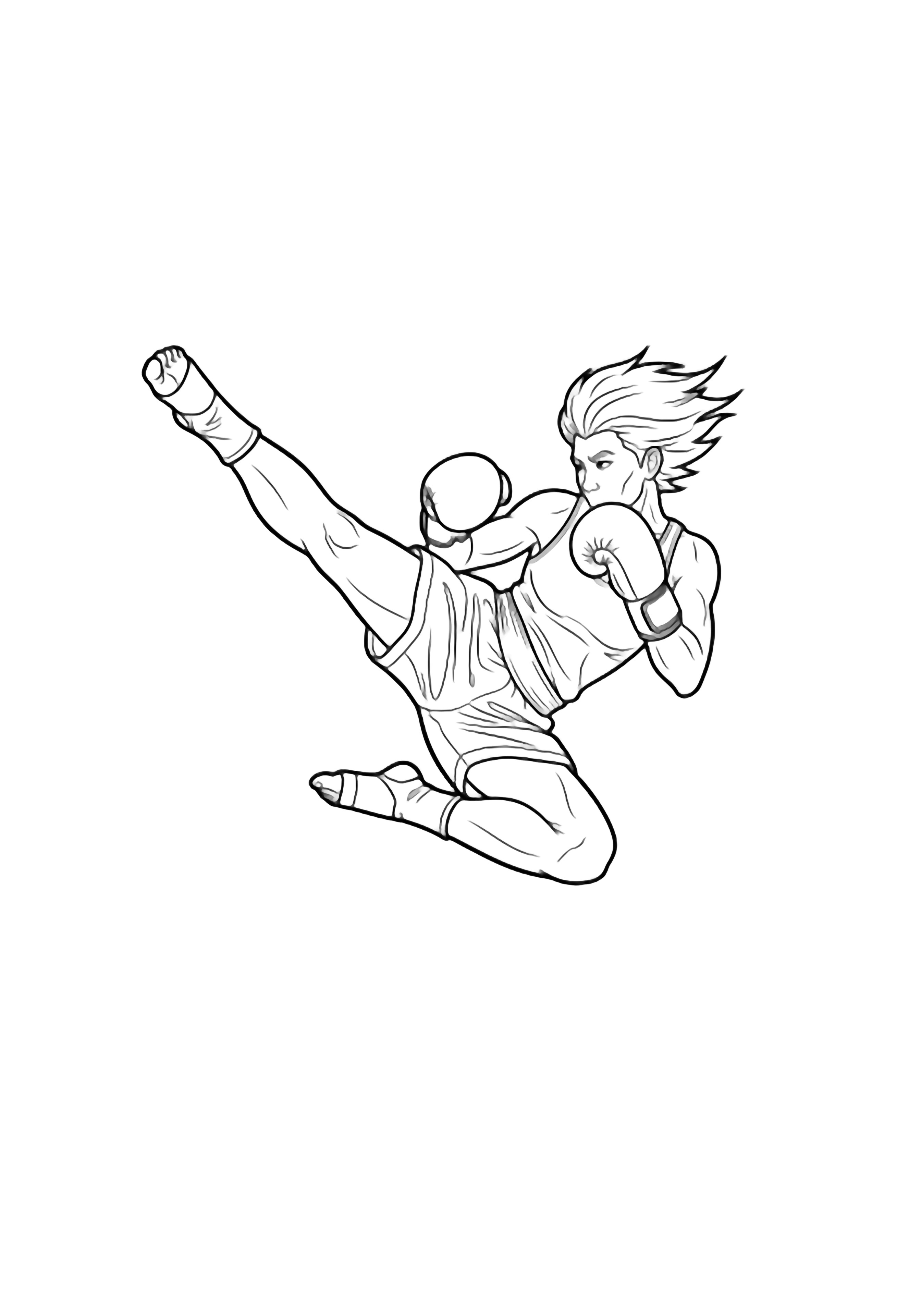 Athletic kickboxer suspended mid-leap, rear leg high in a jump-kick, gloved fists guarding, hair flowing. kleurplaat