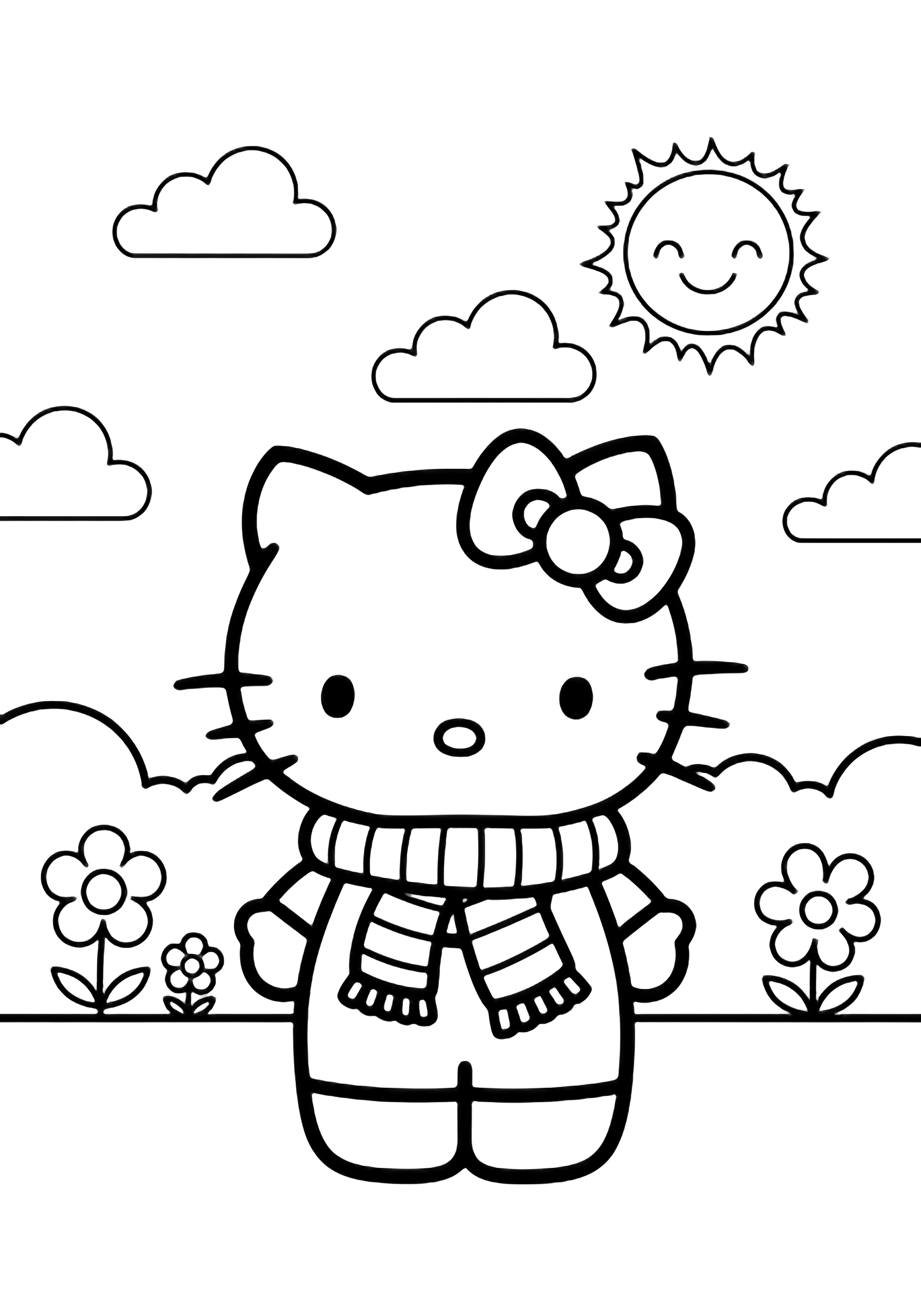Hello Kitty centered, smiling, striped scarf tied in front, simple clouds, flowers, smiling sun behind. kleurplaat
