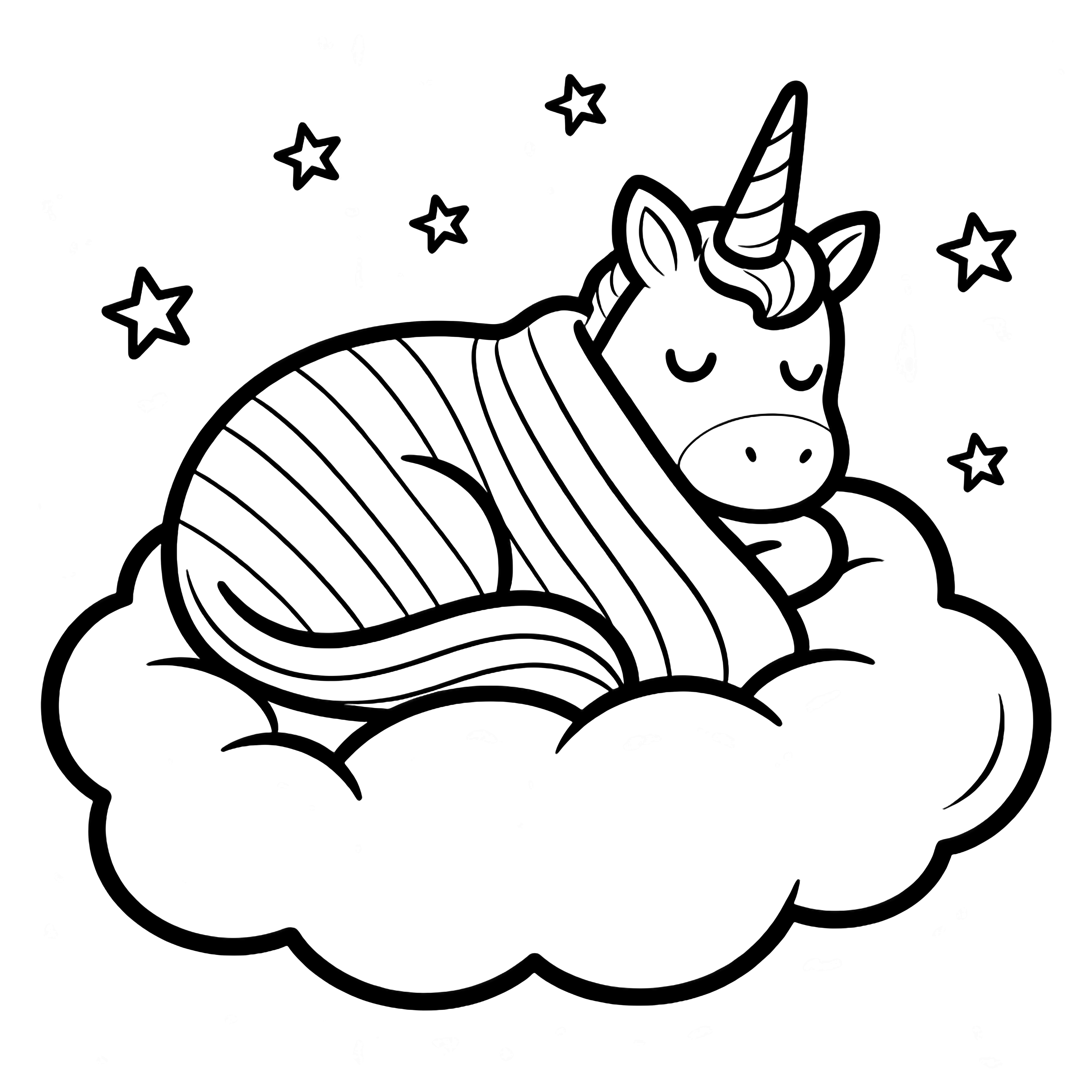 A smiling unicorn curled on a puffy cloud, tucked under a striped blanket, with tiny five-point stars drifting around. kleurplaat
