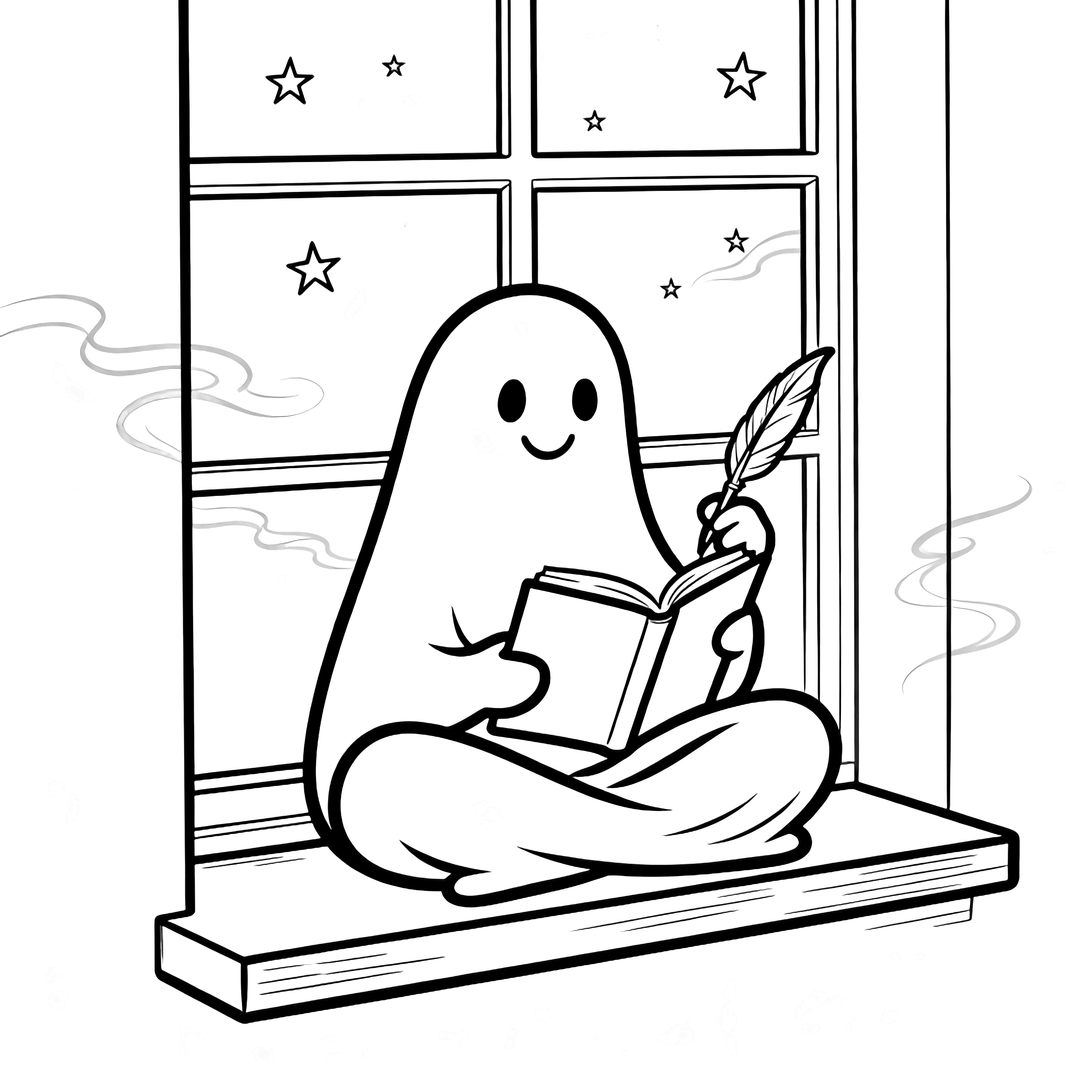 A smiling ghost sits cross-legged on a windowsill, writing in a notebook with a quill; tiny stars and wispy clouds drift beyond the panes. kleurplaat