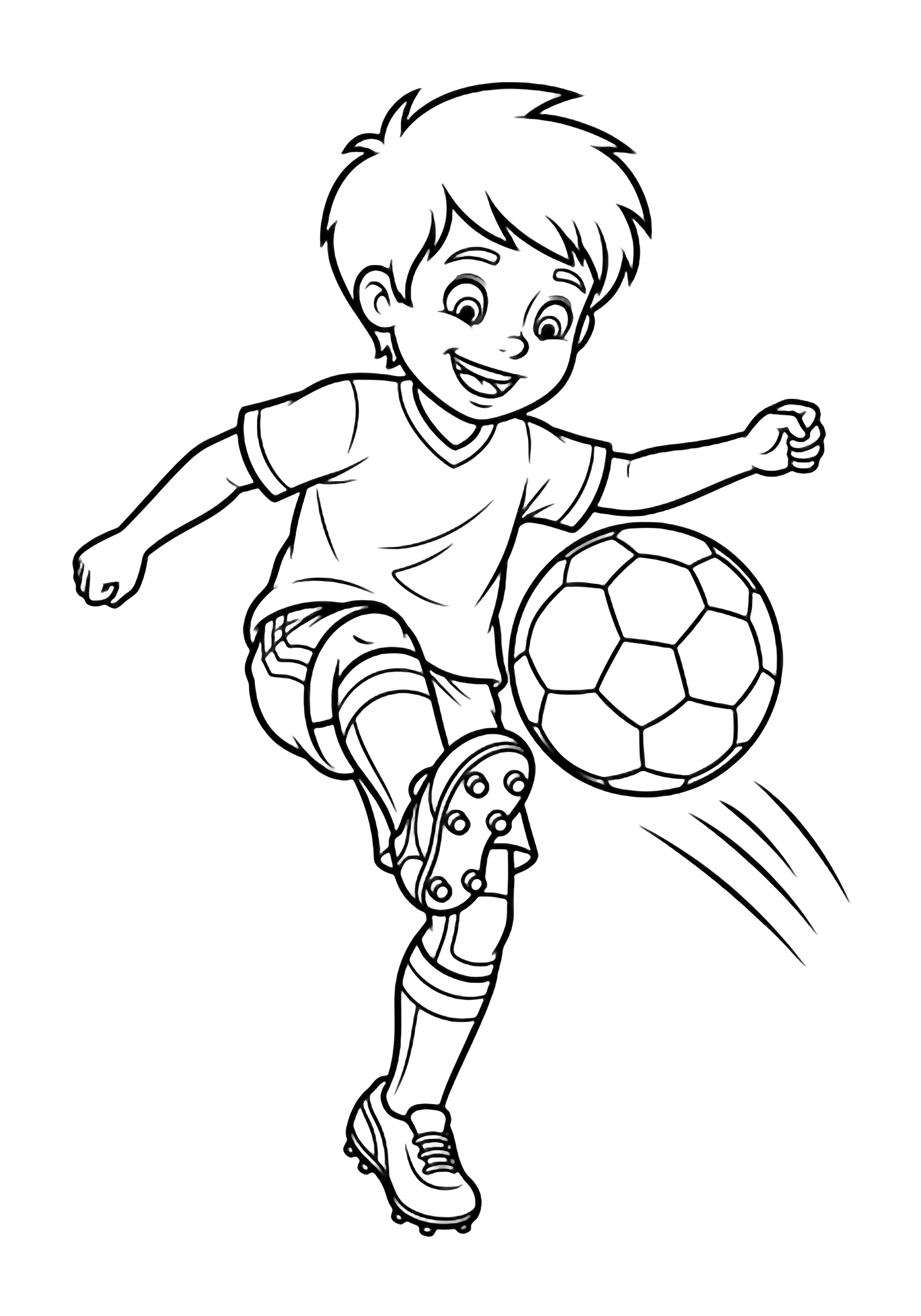 Smiling child kicks a large soccer ball high, wearing jersey, shorts, socks and cleats. kleurplaat