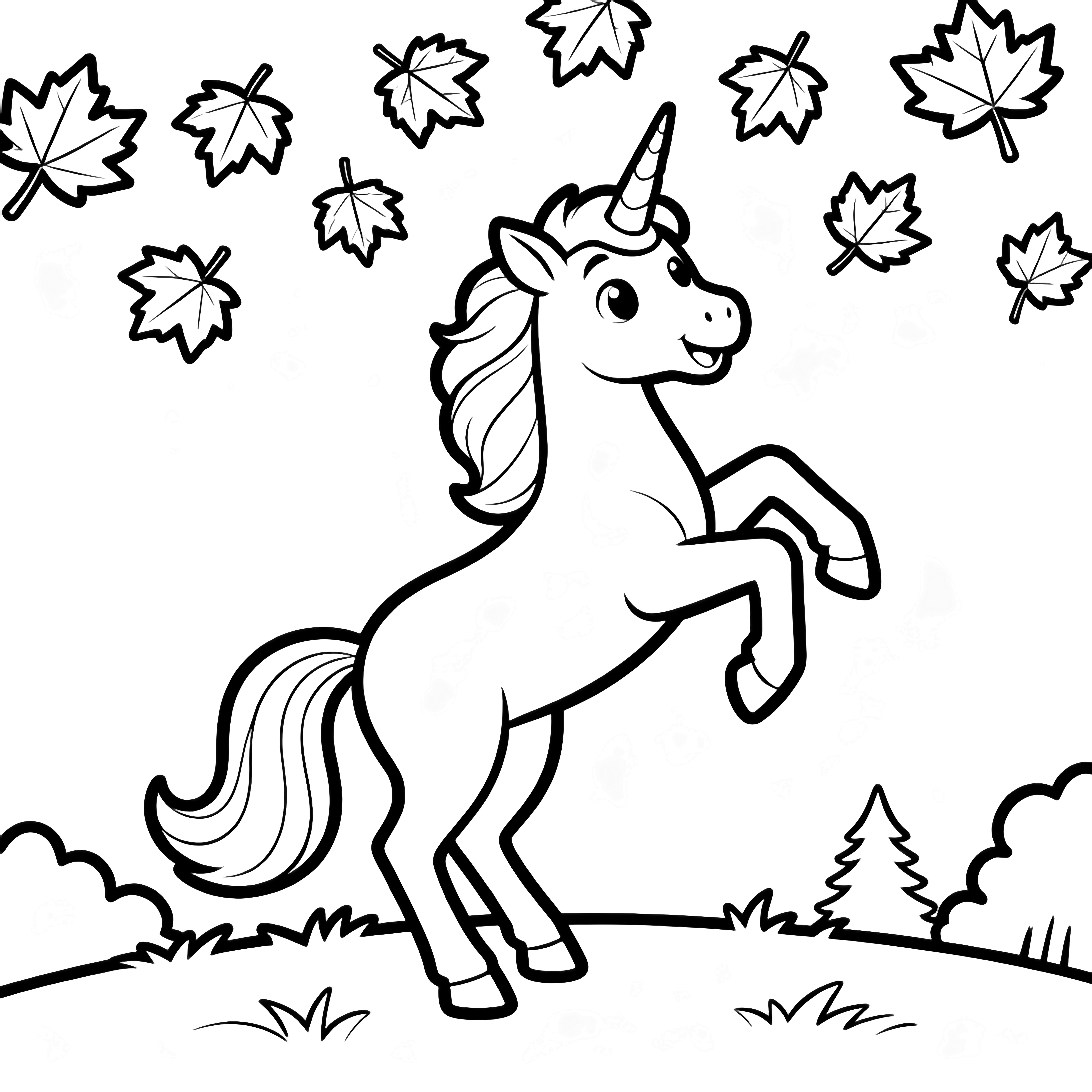A unicorn rears playfully under drifting maple leaves, its flowing mane and tail lifted by the breeze, standing on simple forest ground. kleurplaat