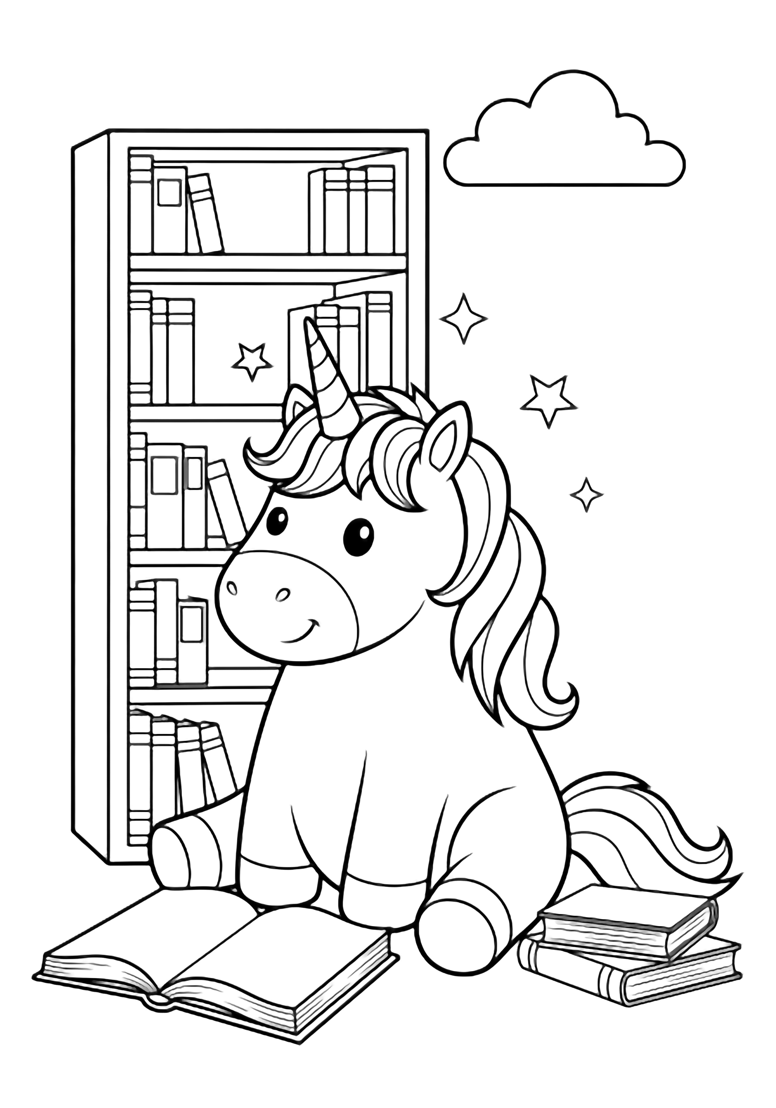 A smiling unicorn sits beside a tall bookshelf with an open book at its hooves, two stacked books, floating sparkles, and a cloud. kleurplaat