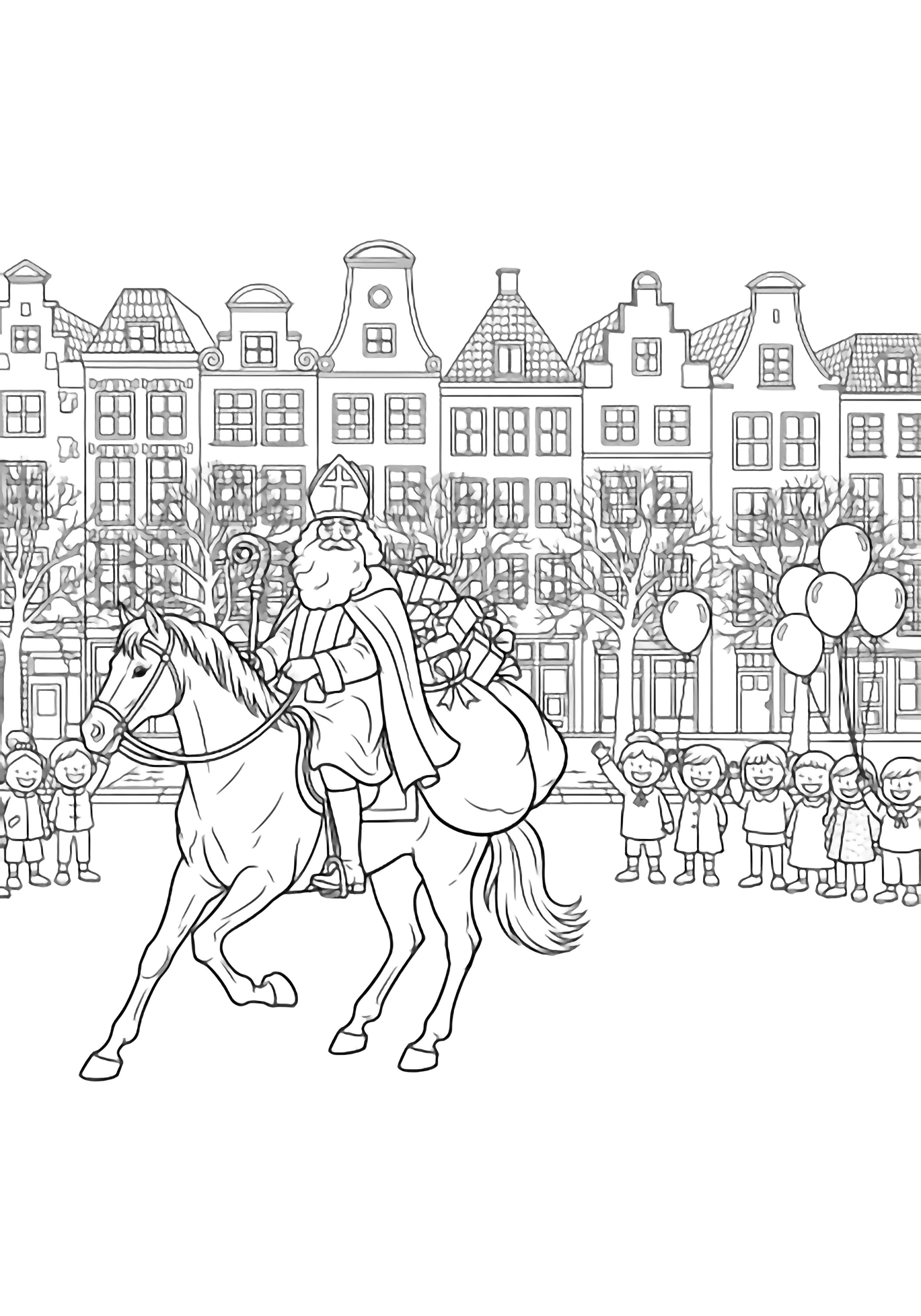 Sinterklaas rides a horse across a Dutch square; children wave balloons beside stepped-gable houses with gift sacks, bare trees overhead. kleurplaat