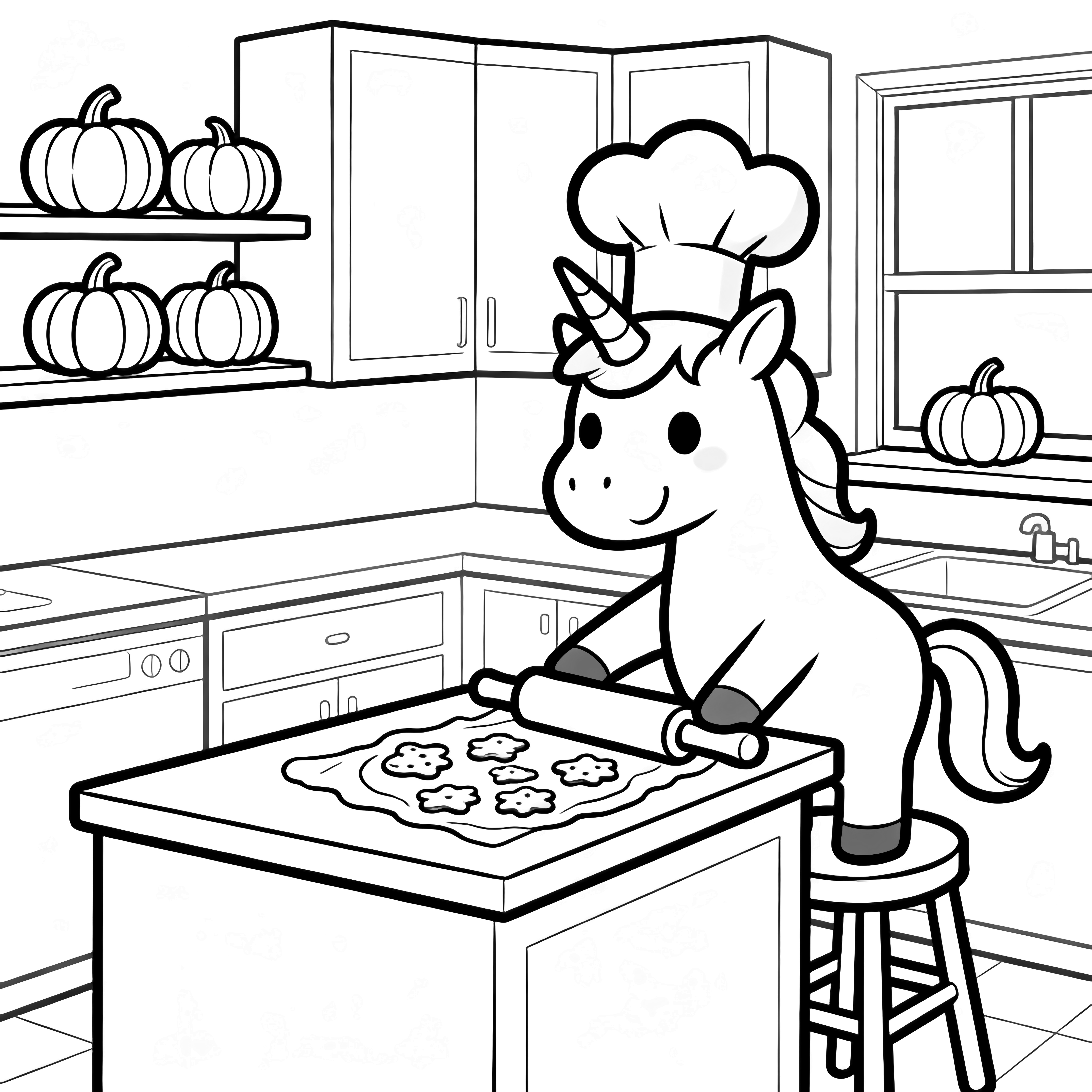 A smiling unicorn in a chef's hat rolls cookie dough on a kitchen counter; pumpkins rest on shelves and the windowsill. kleurplaat